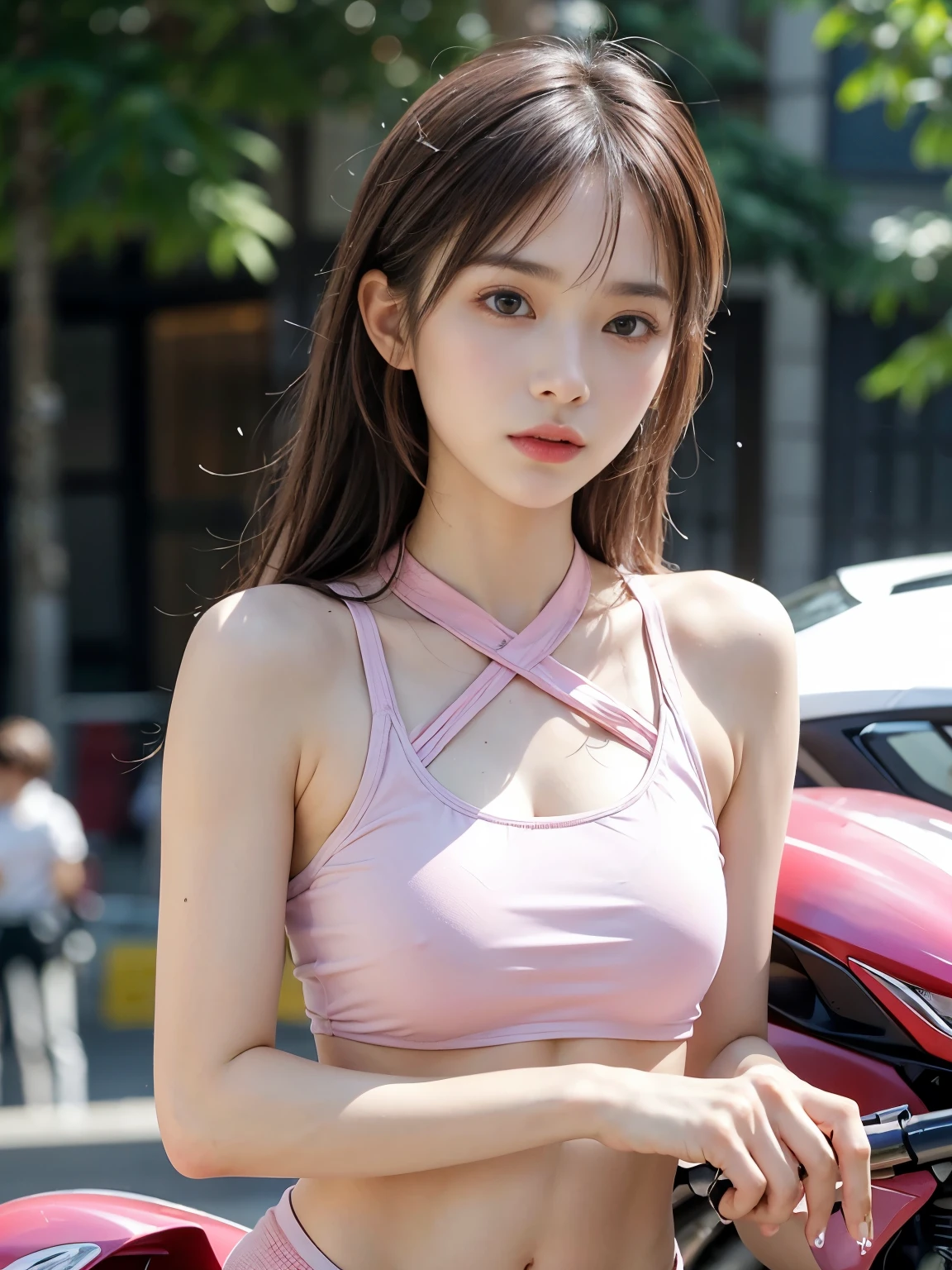1 wonan, Wearing a tight pink and white racing suit,Big legs coming towards you,Hold the handlebars of your motorcycle,(Riding a motorcycle:1.2),navel,Just looking at the audience,midnight street,Movie Lighting,National Foundation,((best quality,8k,masterpiece:1.3))),Be focused:1.2,(Layered pruning,big:1.2),Beautiful woman with perfect body:1.4,Slim abdominal muscles:1.2,Wet body:1.5,Highly detailed face and skin textures,Delicate eyes,double eyelids,(((pink brown lyng ponytall)))