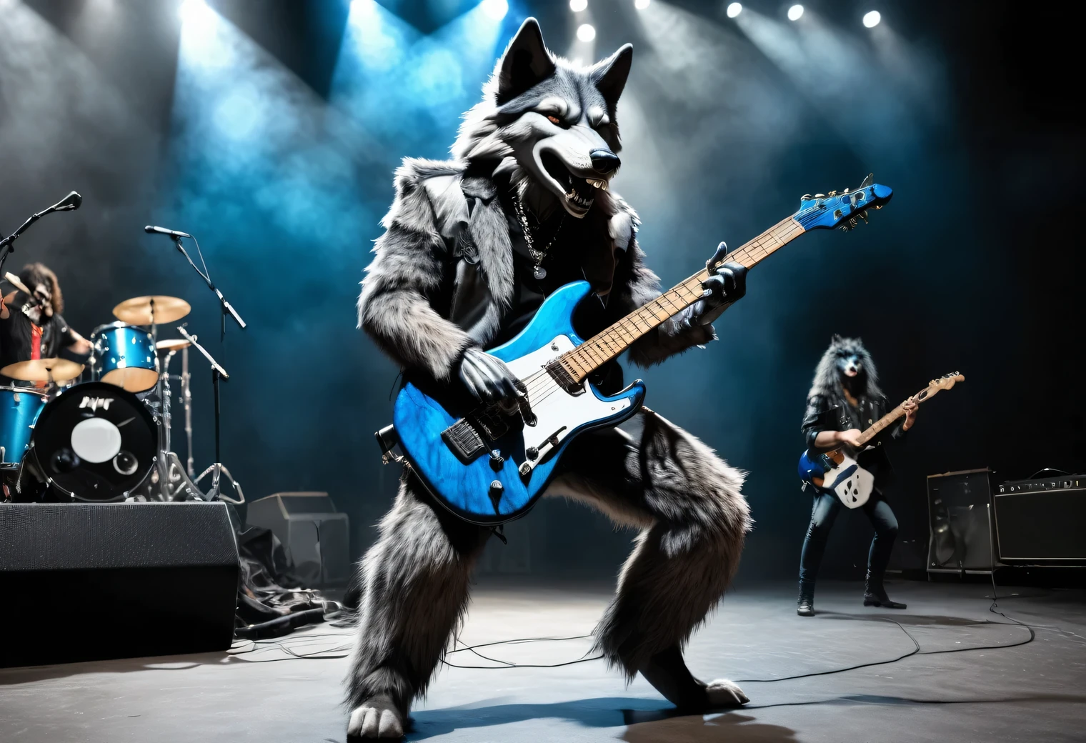 Dynamic shot, humanoid (anthropomorphic) wolf guitarist, humanoid wolf guitarist on stage playing guitar, humanoid wolf dressed as a rock musician, humanoid wolf at a rock concert, photorealistic, high quality, high detail, focus on the face of a humanoid wolf, full pose. full body, focus in the center of the frame