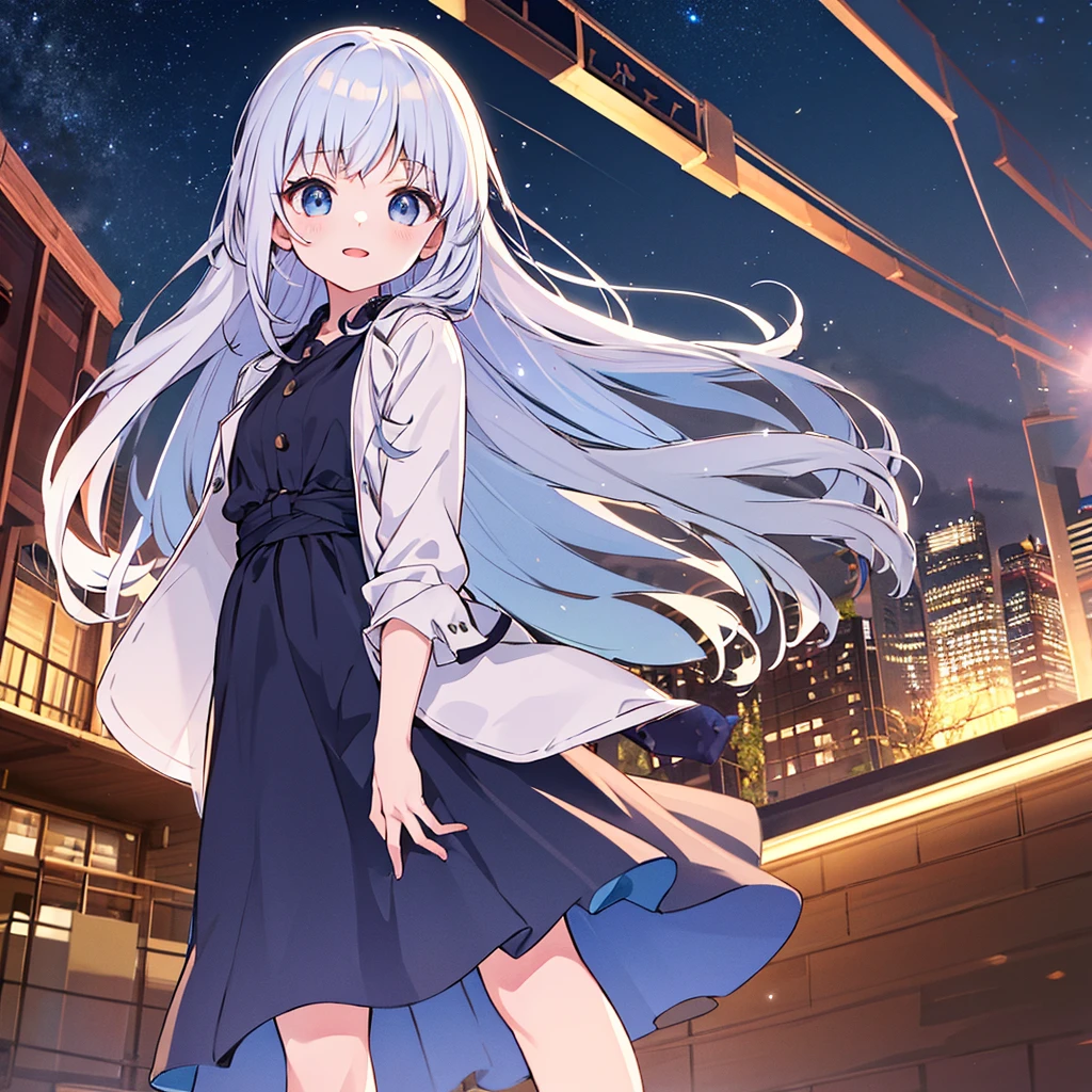 absurderes, hight resolution, (Anime style:1.1), ((masutepiece)), ((Best Quality)), (Ultra-detailed), (Beautiful), solo, Beautiful face、(liftup),Cute girl standing on mountain with beautiful view of night view of delicate city at night,Wind,Light blue hair, Blue eyes,Casual clothing,Laugh,Looking at Viewer,Lens Flare,Dramatic,Admire the night view、Don't look here
