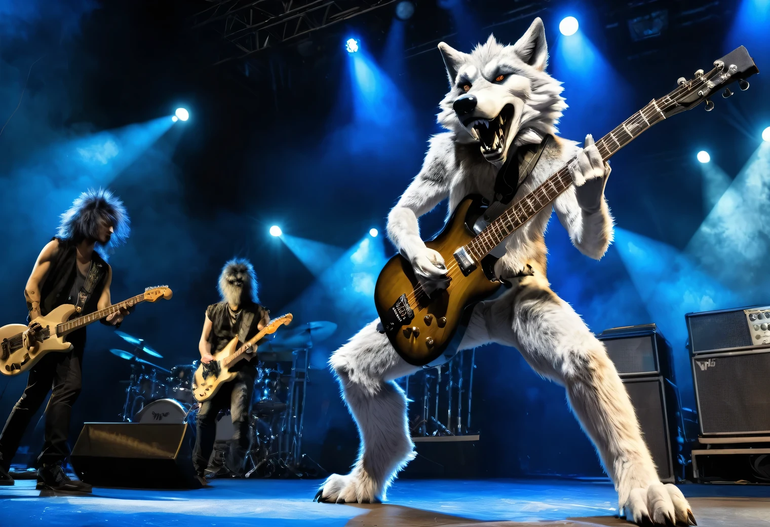 Dynamic shot, humanoid (anthropomorphic) wolf guitarist, humanoid wolf guitarist on stage playing guitar, humanoid wolf dressed as a rock musician, humanoid wolf at a rock concert, photorealistic, high quality, high detail, focus on the face of a humanoid wolf, full pose. full body, focus in the center of the frame