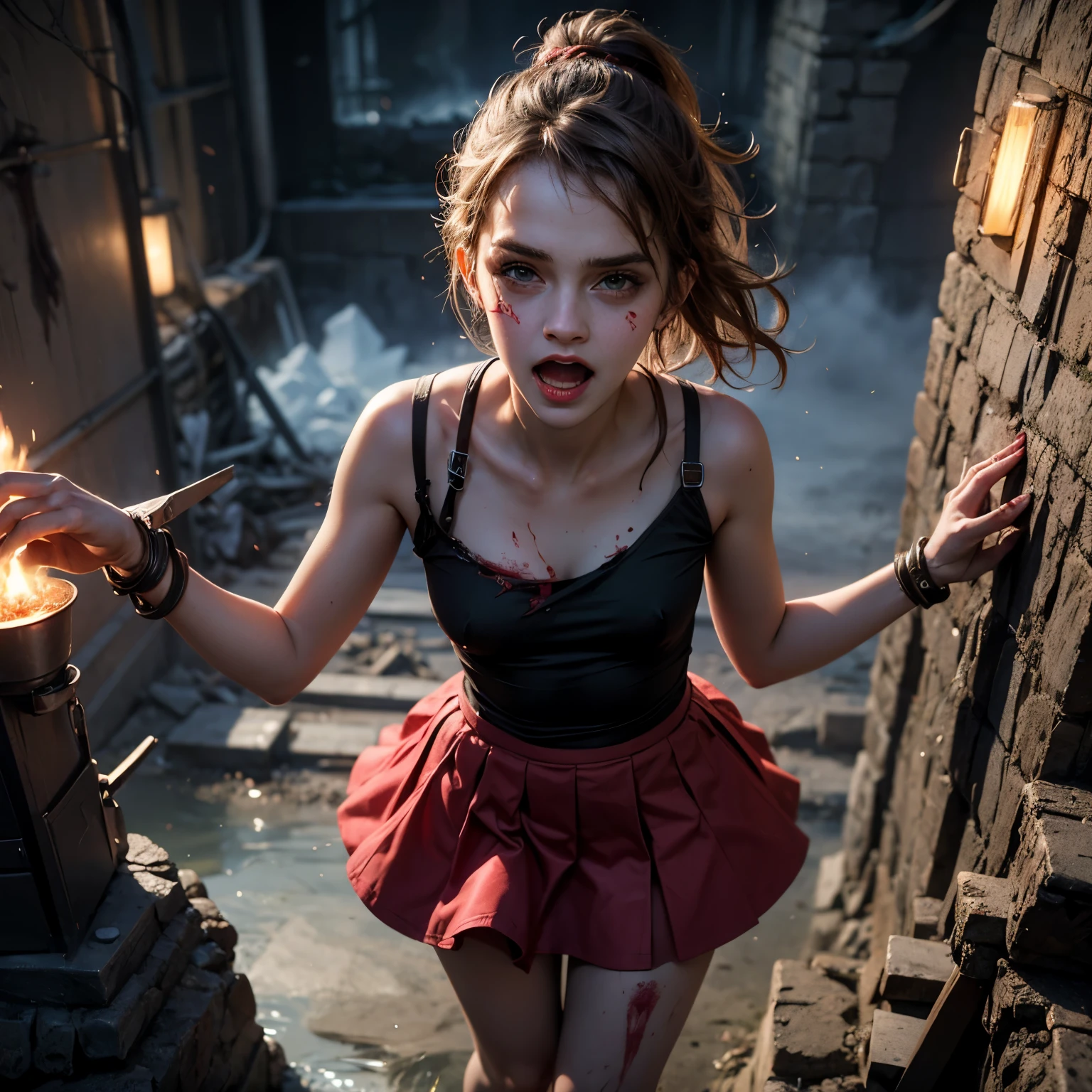 masterpiece, best quality, (undead evil Emma Watson:1.3), elegant, 1 undead evil demoness, cute, blushed, looking at viewer, from above, (blood in open mouth:1.3), open panties under the mini skirt, white and black striped T-shirt, wet T-shirt, blue eyes, beautiful eyes, inferno in background, light particles, dramatic lighting, inferno, realistic, best quality, ultra-detailed, scenery, beautiful detailed eyes, detailed hair on the tiny breasts, demons, evil spirits