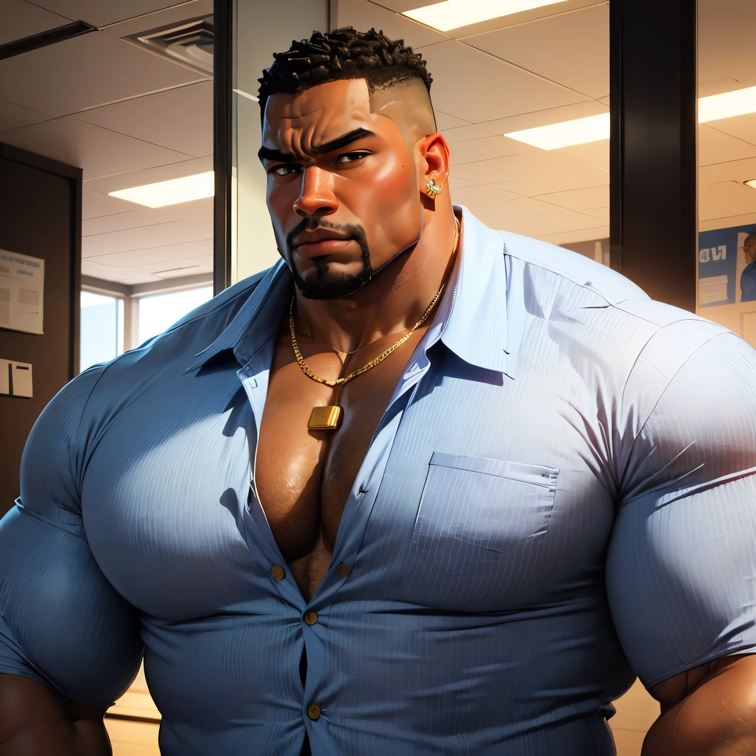 an exaggeratedly muscular and large bodyguard, beefy build, beard, dark-skinned african american male, buzzcut hair with square line, surprised expression, (wearing blue collar business shirt: 1.2), blue tie, company logo patch on shirt, (bara pecs: 1.3), (arm and chest hair: 1.1), portrait HD, (outside post office)