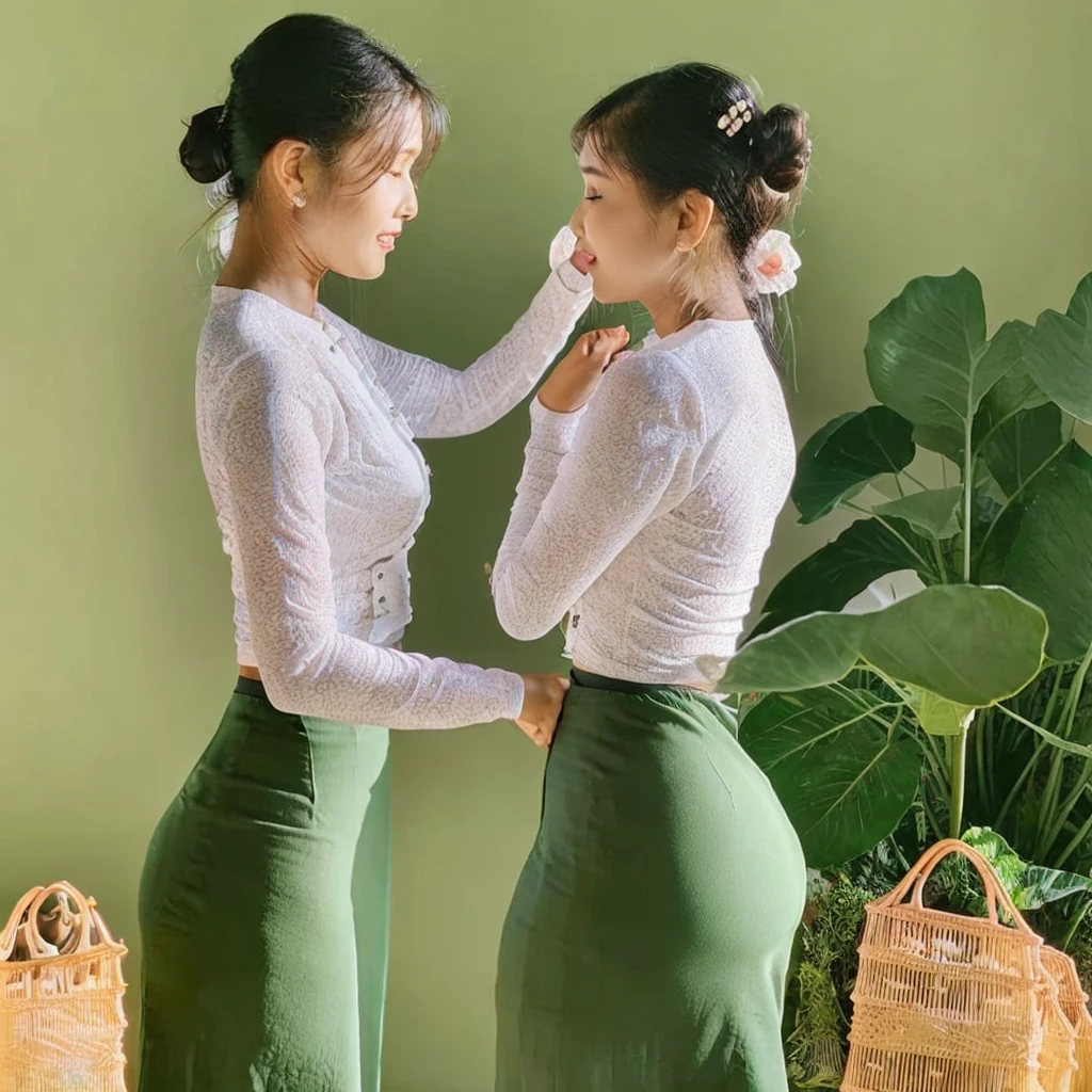 photorealistic, high resolution, masterpiece, best quality ,ultra-detailed, 1women, hair bun , jesmine flower on the head, mature female, solo, hips up(back view), (wearing acmmsayarma outfit, acmmsayarma white top with buttons, long sleeves), ((acmmsayarma green long skirt))