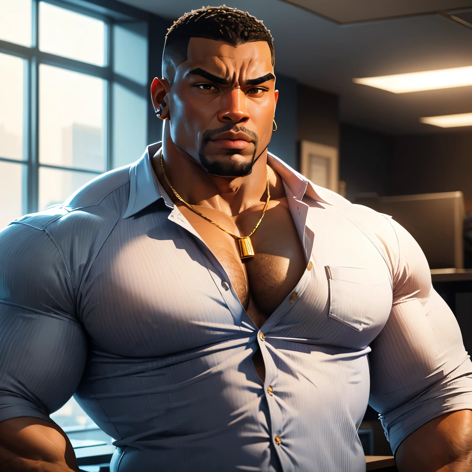 an exaggeratedly muscular and large bodyguard, beefy build, hefty, goatee, dark-skinned african american male, buzzcut hair with square line, (suspicious expression: 1.2), (wearing pin-striped casual business shirt: 1.2), small company badge on shirt, (bara pecs: 1.3), beefy pecs, gold earrings, small gold necklace, arm tattoo, (arm and chest hair: 1.1), portrait HD, (fluorescent bright business office with large windows)