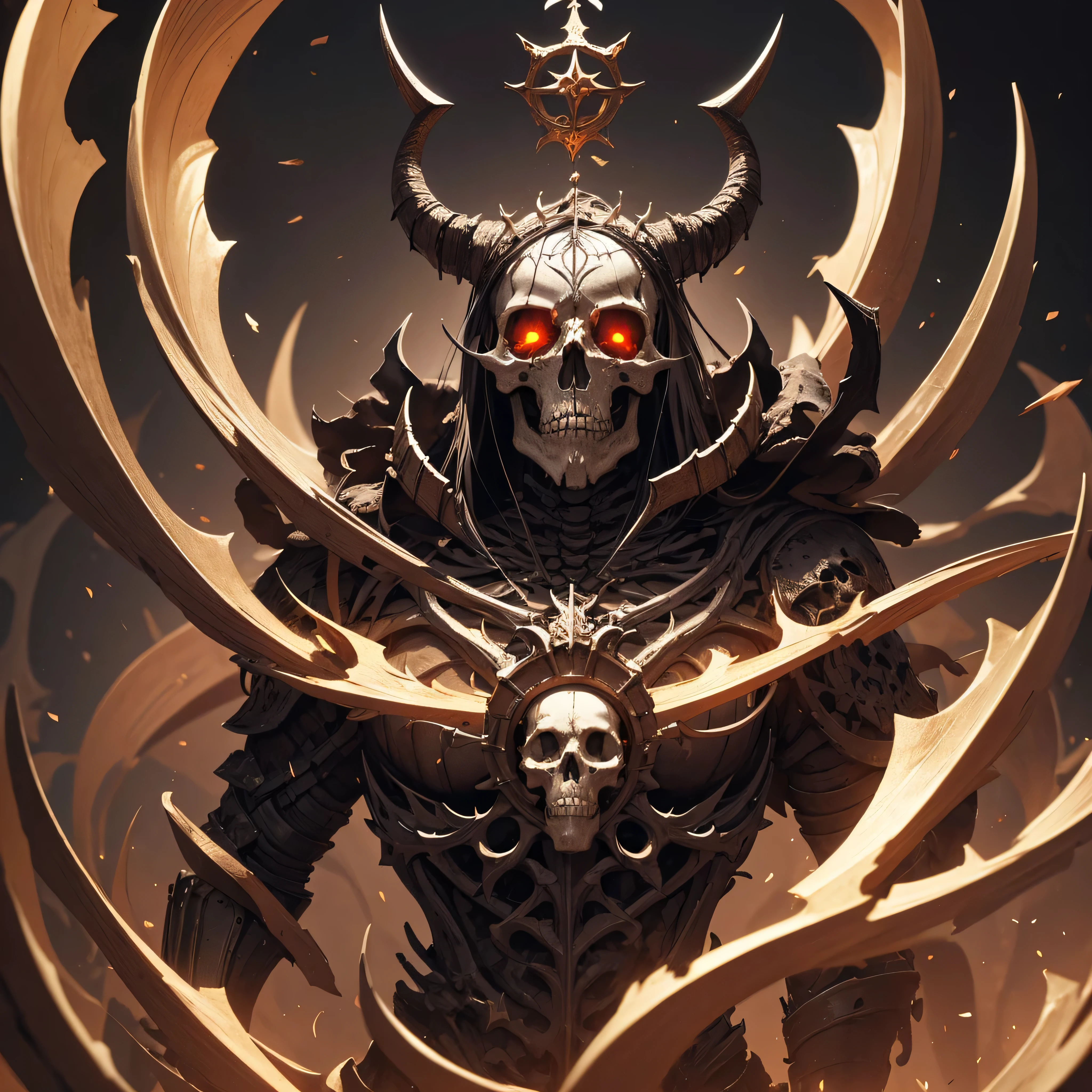 symbol. a skull with a crown and horns on it's head, digital art by Bertalan Karlovszky, zbrush central contest winner, fantasy horror skull, skeleton king, red pupil, dark but detailed digital art, highly detailed dark art, skeleton warrior, the king of death, skeleton knight, undead skeleton king, skull like, 8k high quality detailed art, gothic art, three sided view, Conceptual art, depth of field, reflection light, higher, super detail, best quality, 8k