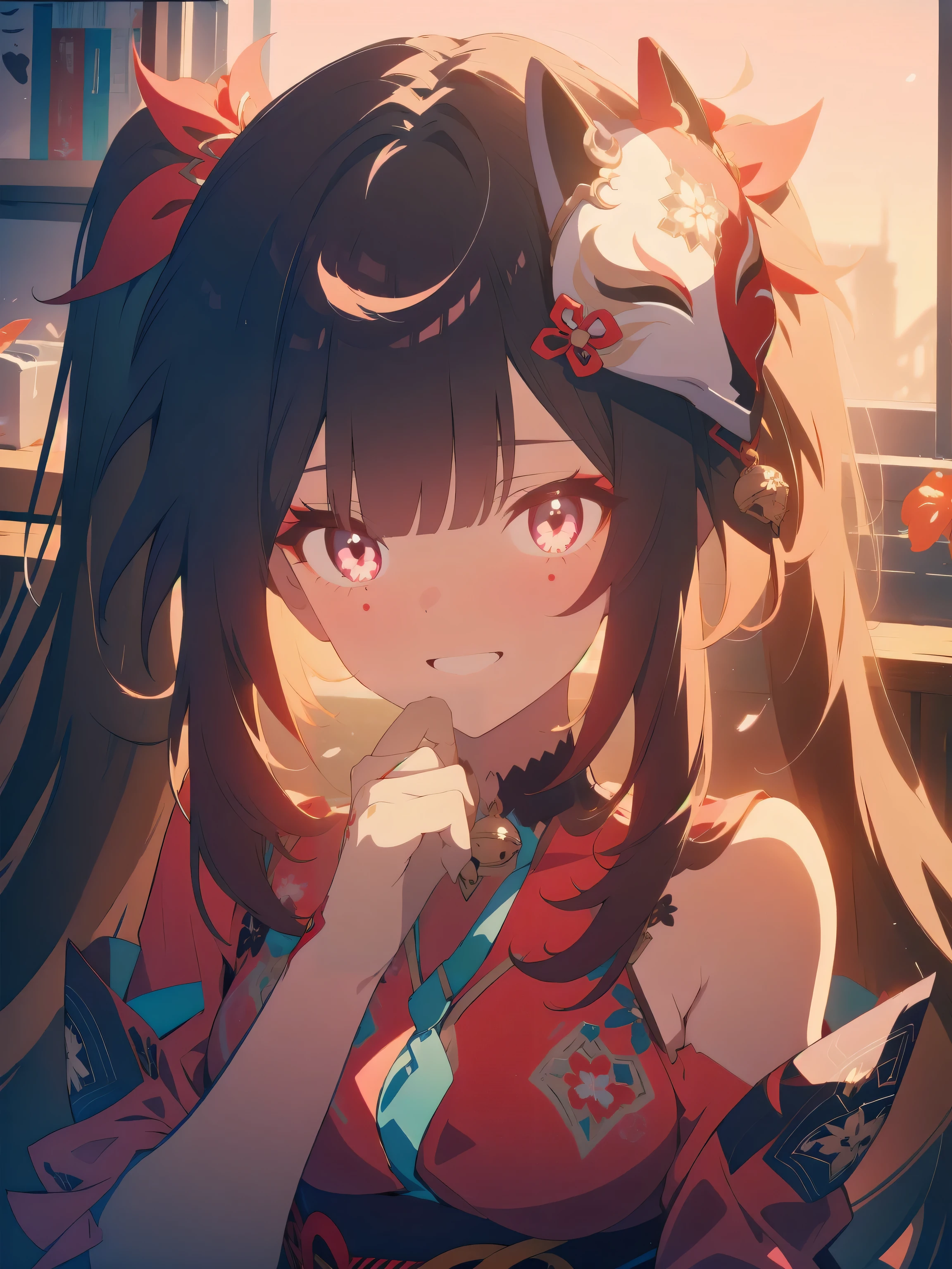 masterpiece, high quality, 1girl, amazing cinematic, sparklehsr, evil, menacing, glowing eyes, yandere, holding face, red gold-trimmed kimono, o-ring halterneck, hair ornaments, well-drawn hands, fingers, bare hand, thumbs, mole under both eyes, red string, flower tattoo, neck bell, red fox mask on head, butterfly-shaped pupils, brown gradient hair, ominous red lighting, scary, grinning, spider lily flowers,
