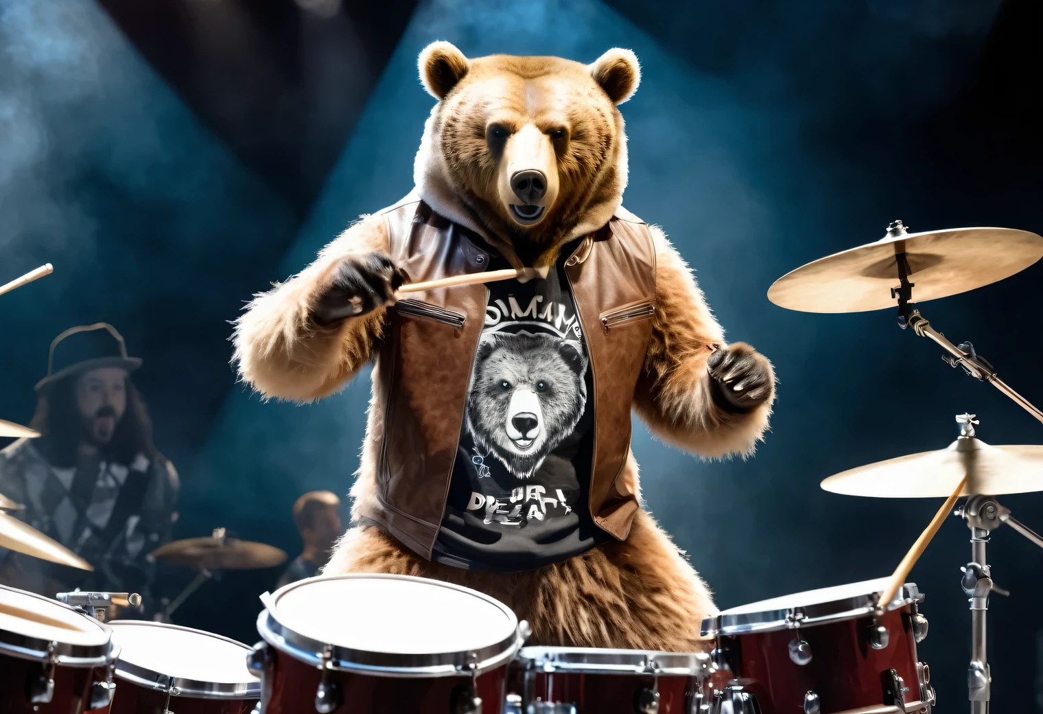 Dynamic frame, humanoid (anthropomorphic) drummer bear, humanoid drummer bear on stage playing a drum kit, humanoid bear dressed as a rock musician, humanoid bear at a rock concert, photorealistic, high quality, high detail, focus on the face of a humanoid bear, full pose, full body, focus in the center of the frame