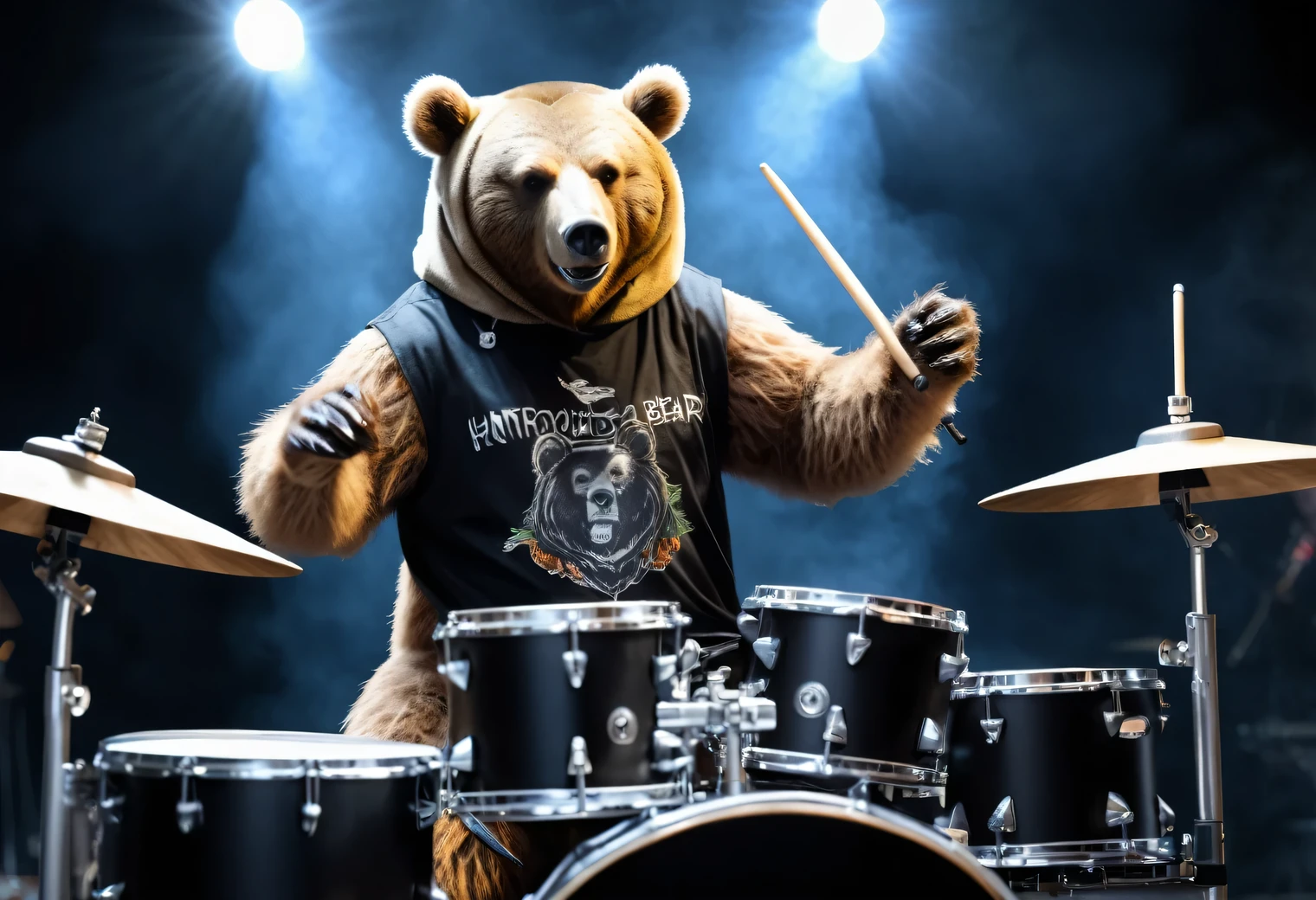 Dynamic frame, humanoid (anthropomorphic) drummer bear, humanoid drummer bear on stage playing a drum kit, humanoid bear dressed as a rock musician, humanoid bear at a rock concert, photorealistic, high quality, high detail, focus on the face of a humanoid bear, full pose, full body, focus in the center of the frame