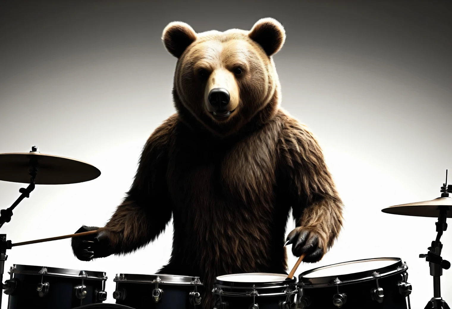 Dynamic frame, humanoid (anthropomorphic) drummer bear, humanoid drummer bear on stage playing a drum kit, humanoid bear dressed as a rock musician, humanoid bear at a rock concert, photorealistic, high quality, high detail, focus on the face of a humanoid bear, full pose, full body, focus in the center of the frame