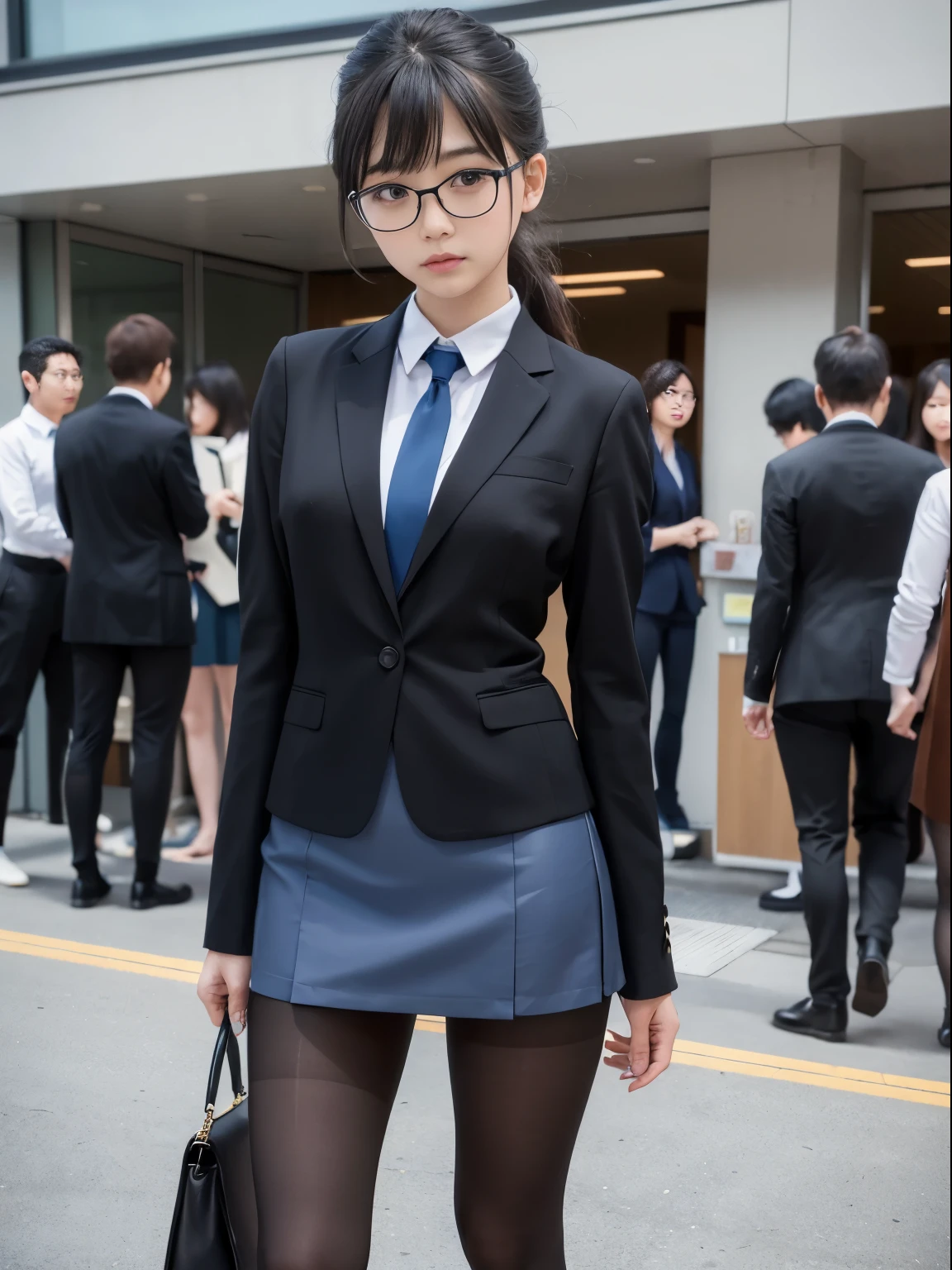 one person、solo、Flat Eyes、Confused eyes、20 year old office uniform OL、Flat Eyes、Confused eyes、body、whole body、front、Watching the audience,frontを見て,Glare、sexy、victory、((Black Pantyhose))、Tsundere、Saucy、Single knot、OL、suit、Blue mini skirt、anger、Small、Glasses、Slim girl photo、body型:史上最Smallの美少女、Japanese women、(8K、RAW Photos、Highest quality、masterpiece:1.2)、(Real、Photorealistic:1.37)、Ultra high definition、Ultra high definition、office Street、Standing position、whole body、((((sexy)))