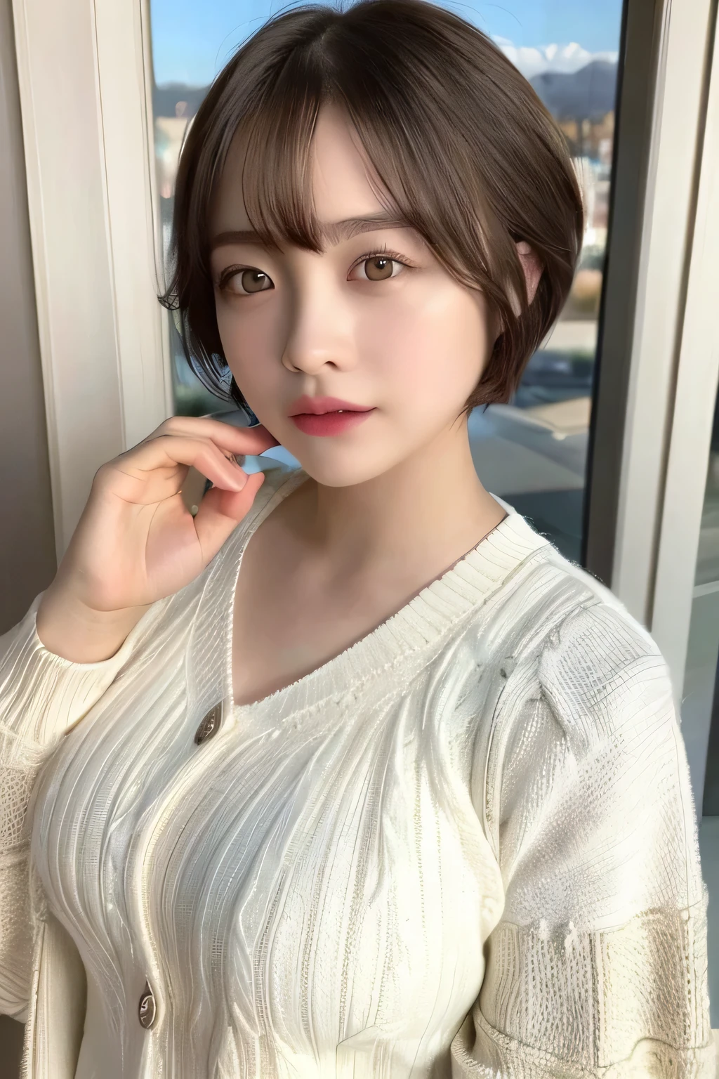 ((highest quality, 8k, masterpiece:1.3)), detailed Woman:1.3, (Medium Short Hair, Big Breasts:1.2), cardigan:1.1, Ultra detailed, detailed, eyelid