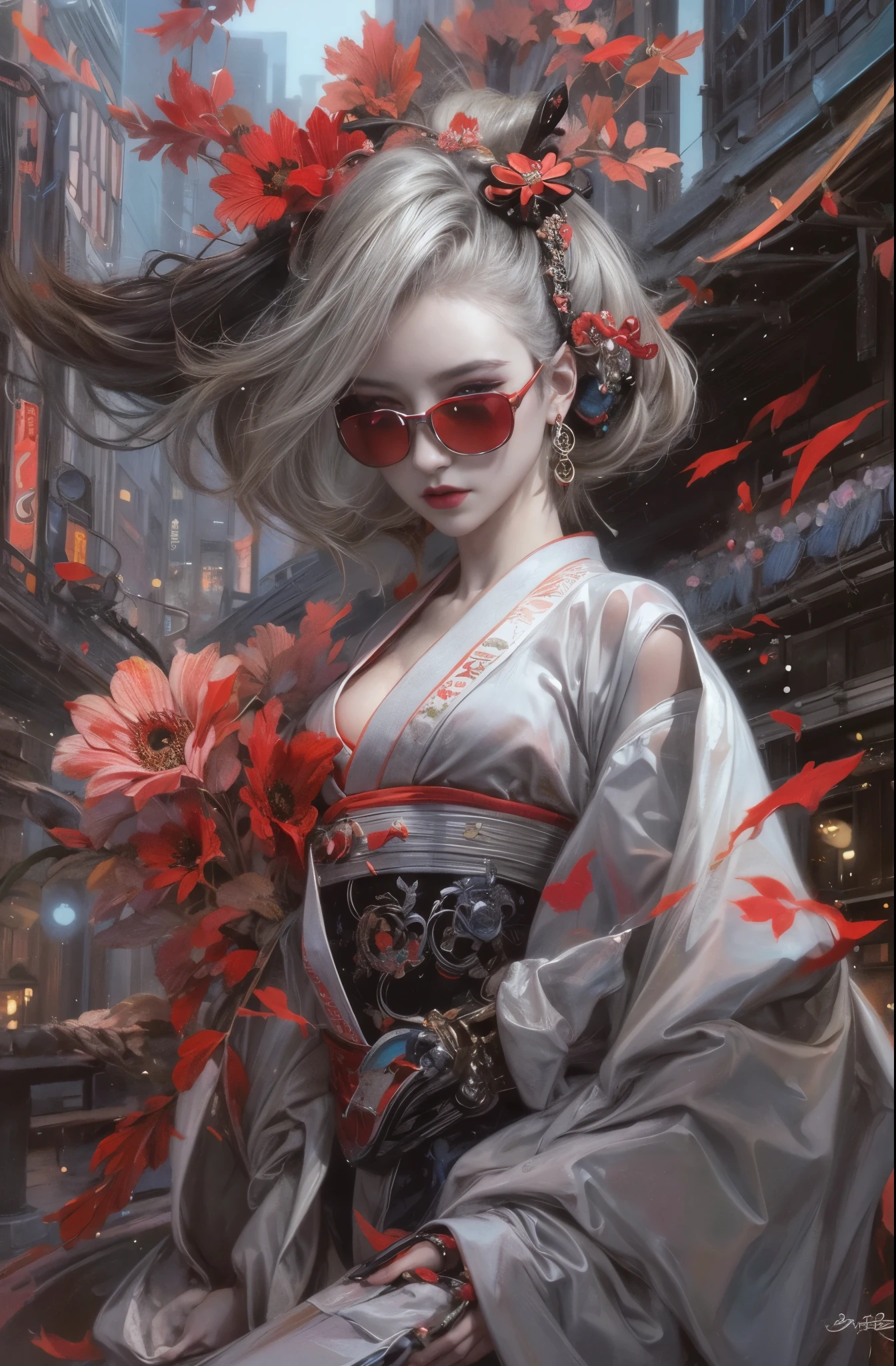 美しいOiranの絵, A profusion of flowers, Grey hair and sunglasses、Beautiful blonde woman, Very stylish, Strike Pose, all, Fashion Model, Luxury fashion magazine cover, Lostrun 8k, Lost Strand Style, Lost Strand Style, rossdraws Global Illumination, By Ignatius Zuloaga, Beeple and James Jean, Inspired by Ross Tran, Cyberpunk Geisha, Cyberpunk art style, Cyberpunk horror style, wonderfulデジタルイラスト, Cyberpunk Style ,Surreal, Beautiful red kimono, Oiran, The highest ranking geisha, Ghost Girl, Female Yakuza, Inspired by Chen Yifei, Works that influenced Francesco Hayes, Inspired by Hendrik Terbruggen, Jean=Works that influenced Auguste Dominique Ingres, Inspired by Liu Jun, Jean=Works that influenced Auguste Dominique Ingres, highest quality, The perfect angle, Perfect composition, Best Shot, Official Art, Cinematic Light, Figurative art, Beautiful and expressive paintings, Beautiful artwork illustration, wonderful, Cool Beauty, clear, Mysterious, highest quality, Official Art, Perfect composition,The perfect angle, Best Shot, Female Solo, Sharp contours, pretty much beautiful face, Five fingered hand, Close-up