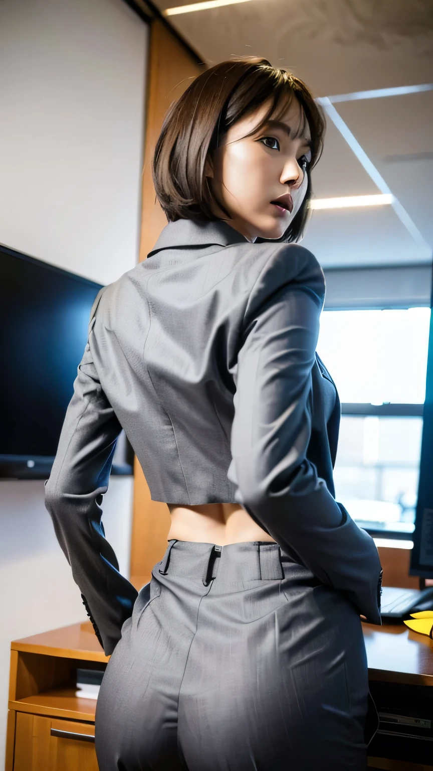 (highest quality, 8k, 32k, masterpiece, Ultra-high resolution:1.2), One girl, Beautiful Japanese Women, Tight waist, grey suit, Open jacket, office lady, suit, pants, From behind, Office Room, machine, (Stick your butt out:1.2), Detailed face, short hair, From below, Raise one leg