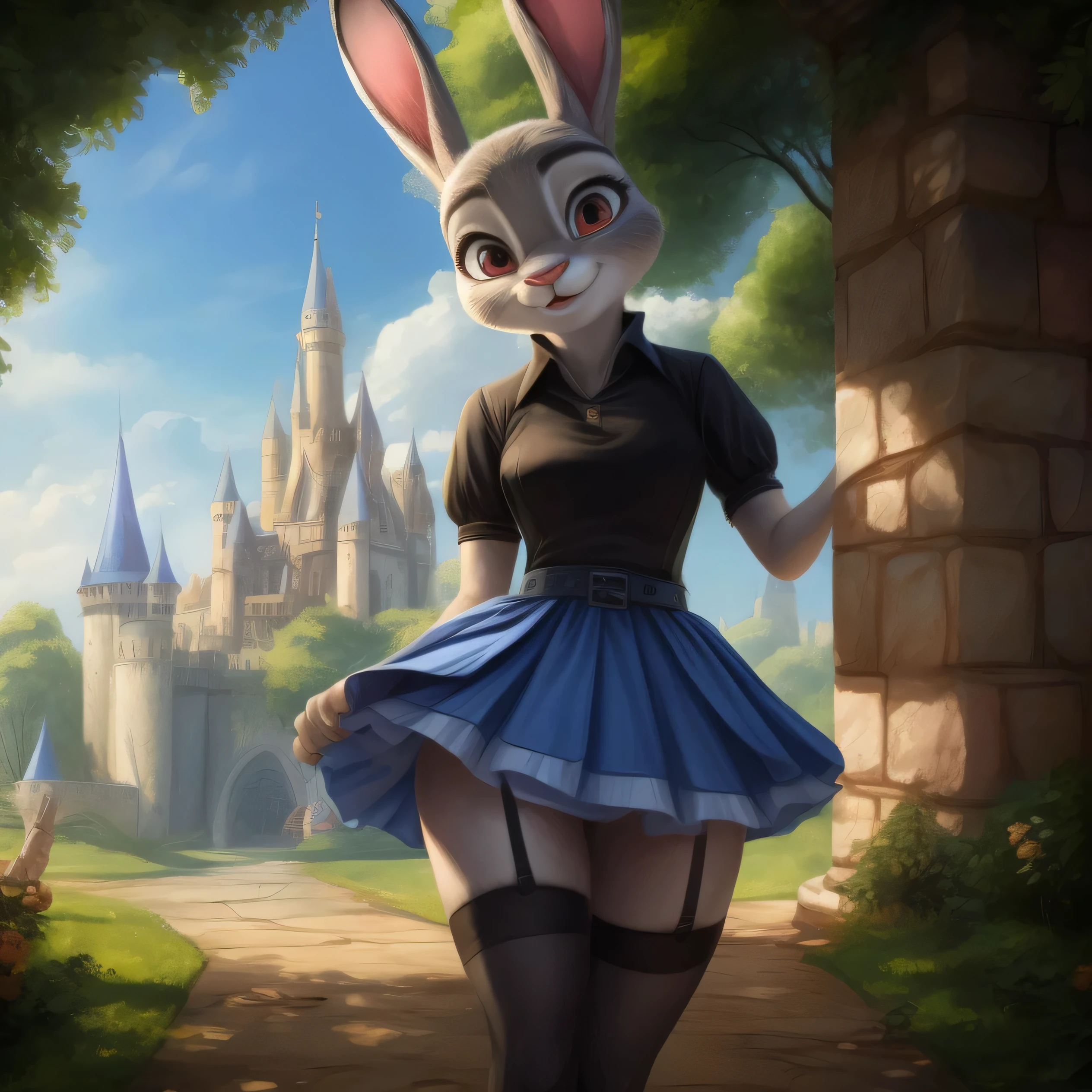 Judy Hopps, alice in the wonderland, stockings, miniskirt, black shirt, castle on the background 