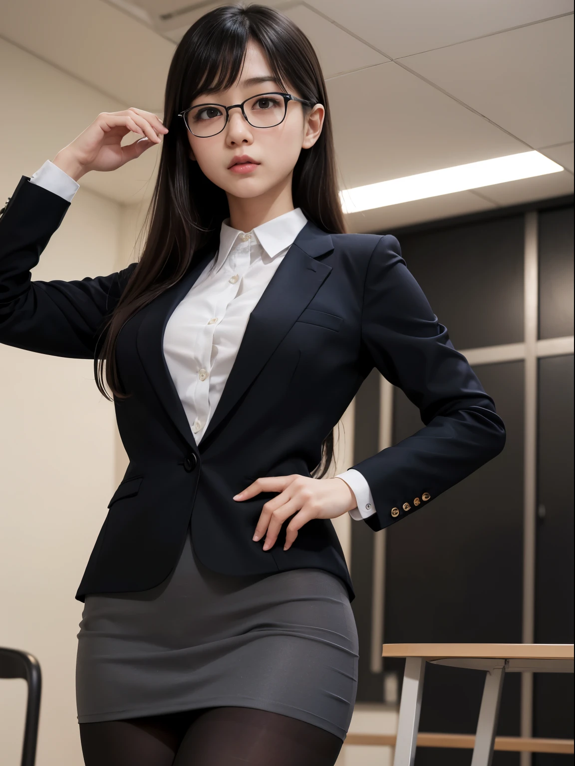 one person、solo、Flat Eyes、Confused eyes、20 year old office uniform OL、Flat Eyes、Confused eyes、body、whole body、front、Watching the audience,frontを見て,Glare、sexy、victory、((Black Pantyhose))、Tsundere、Saucy、Single knot、OL、suit、Blue mini skirt、anger、Small、Glasses、Slim girl photo、body型:史上最Smallの美少女、Japanese women、(8K、RAW Photos、Highest quality、masterpiece:1.2)、(Real、Photorealistic:1.37)、Ultra high definition、Ultra high definition、office Street、Standing position、whole body、((((sexy)))
