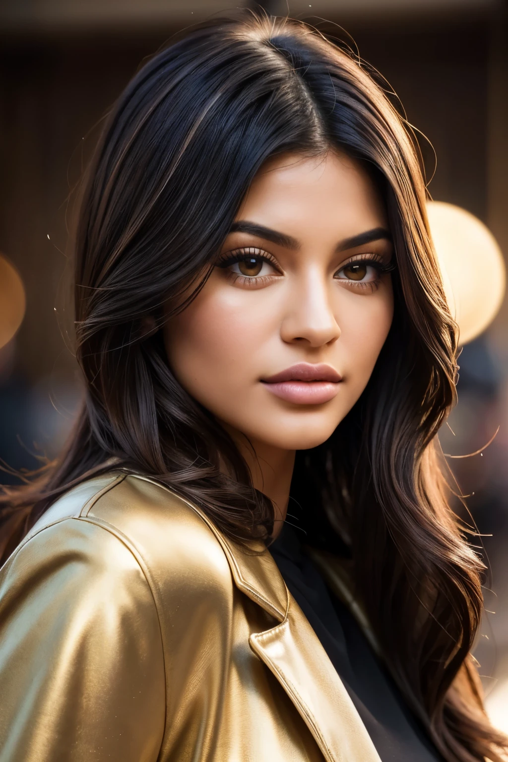 (high quality, realistic:1.2), portrait, beautiful flowing hair, beautiful Kylie Jenner, 25 years old, wearing a sexy jacket, detailed eyes, luscious lips, sensual gaze, luxurious texture, shimmering highlights, soft shadows, subtle smile, impeccable makeup, perfect skin tone, varied golden hues, mesmerizing presence, extraordinary attention to detail, immaculate shading, flawless complexion, expressive eyebrows, long eyelashes, graceful pose, stylish and confident demeanor, striking contrast between the jacket and hair, professional photography, rich color palette, subdued lighting, subtle bokeh effects, glowing complexion, meticulously crafted features, exquisite realism, artistic sophistication.