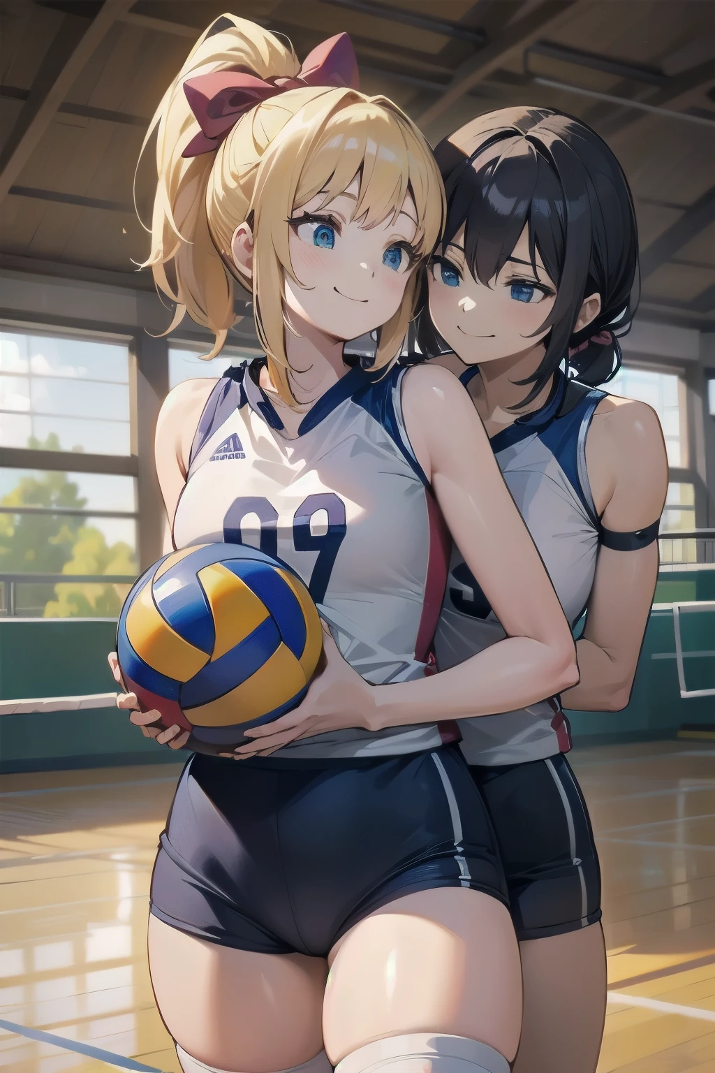 unity 8k wallpaper, anatomically correct, (((masterpiece))), (((best quality))), (((ultra detailed))), (((high-resolution))), ((super fine illustration)), ((Ultimate cutie)), detailed beautiful face, shiny hair, 18 years old,((blush)),  ((potbelly)), (curvy), medium breasts, ((Thick thighs)), sleeveless volleyball uniform, ((buruma)), ((knee pad)), (elbow pad), ((hold volleyball)), ((hold a 6-inch volleyball)), cowboy shot, in volleyball court, in school gymnasium, 
BREAK, (Yuri), 2girls_A_and_B, A girl_have_{{blond ponytail}}_{hair bow}_{{happy}}_{smile}, 
BREAK, B girl_have_{black short hair}_ {hair bow}_{{{smirk}}}