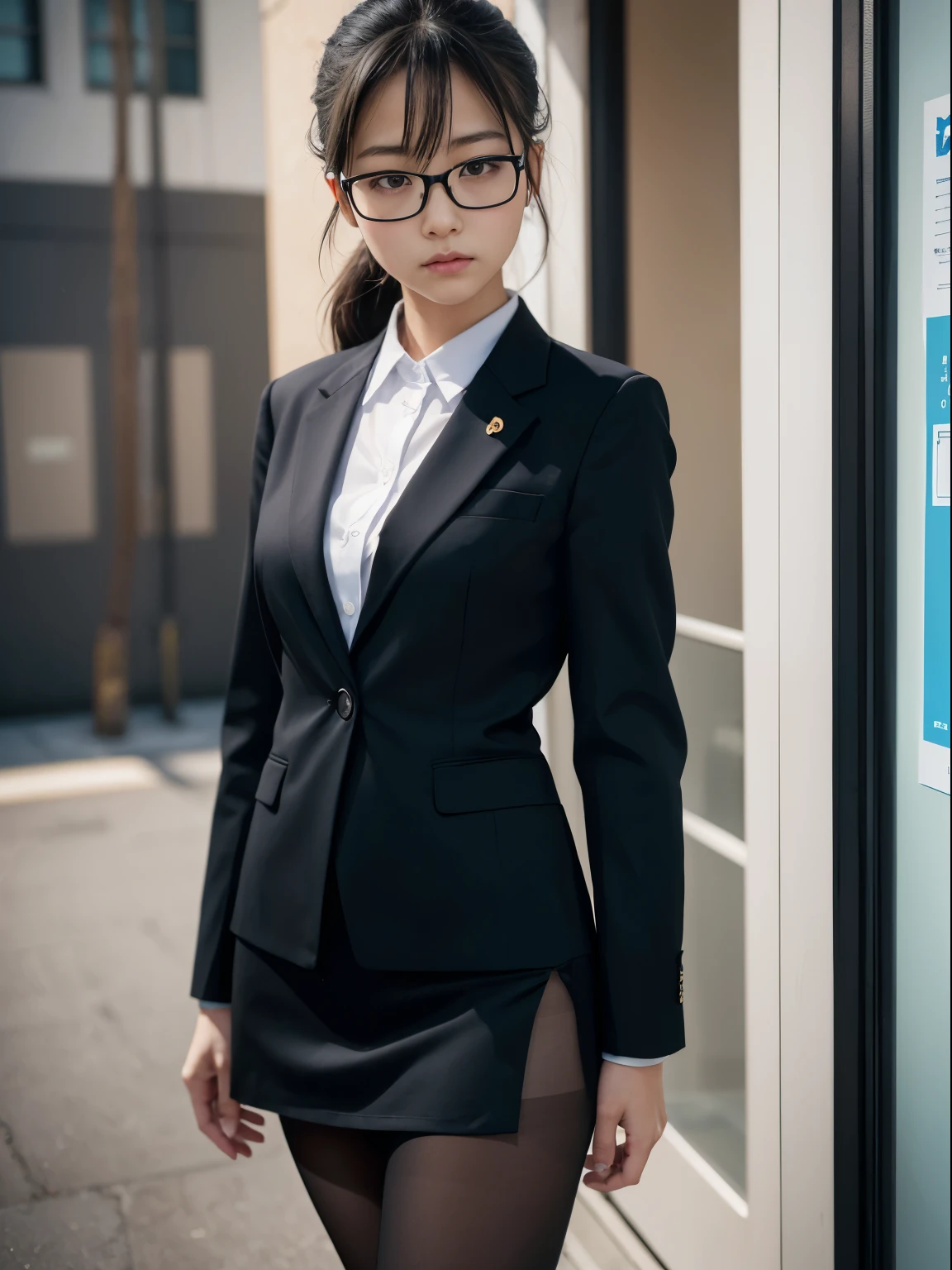 one person、solo、Flat Eyes、Confused eyes、20 year old office uniform OL、Flat Eyes、Confused eyes、body、whole body、front、Watching the audience,frontを見て,Glare、sexy、victory、((Black Pantyhose))、Tsundere、Saucy、Single knot、OL、suit、Blue mini skirt、anger、Small、Glasses、Slim girl photo、body型:史上最Smallの美少女、Japanese women、(8K、RAW Photos、Highest quality、masterpiece:1.2)、(Real、Photorealistic:1.37)、Ultra high definition、Ultra high definition、office Street、Standing position、whole body、((((sexy)))