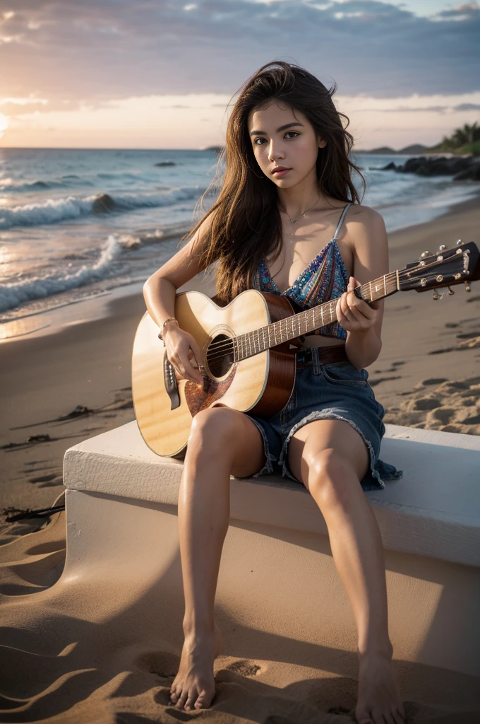 8k, highest quality, ultra details, hispanic girl, guitar, bohemian style, sunset beach, barefoot, carefree expression