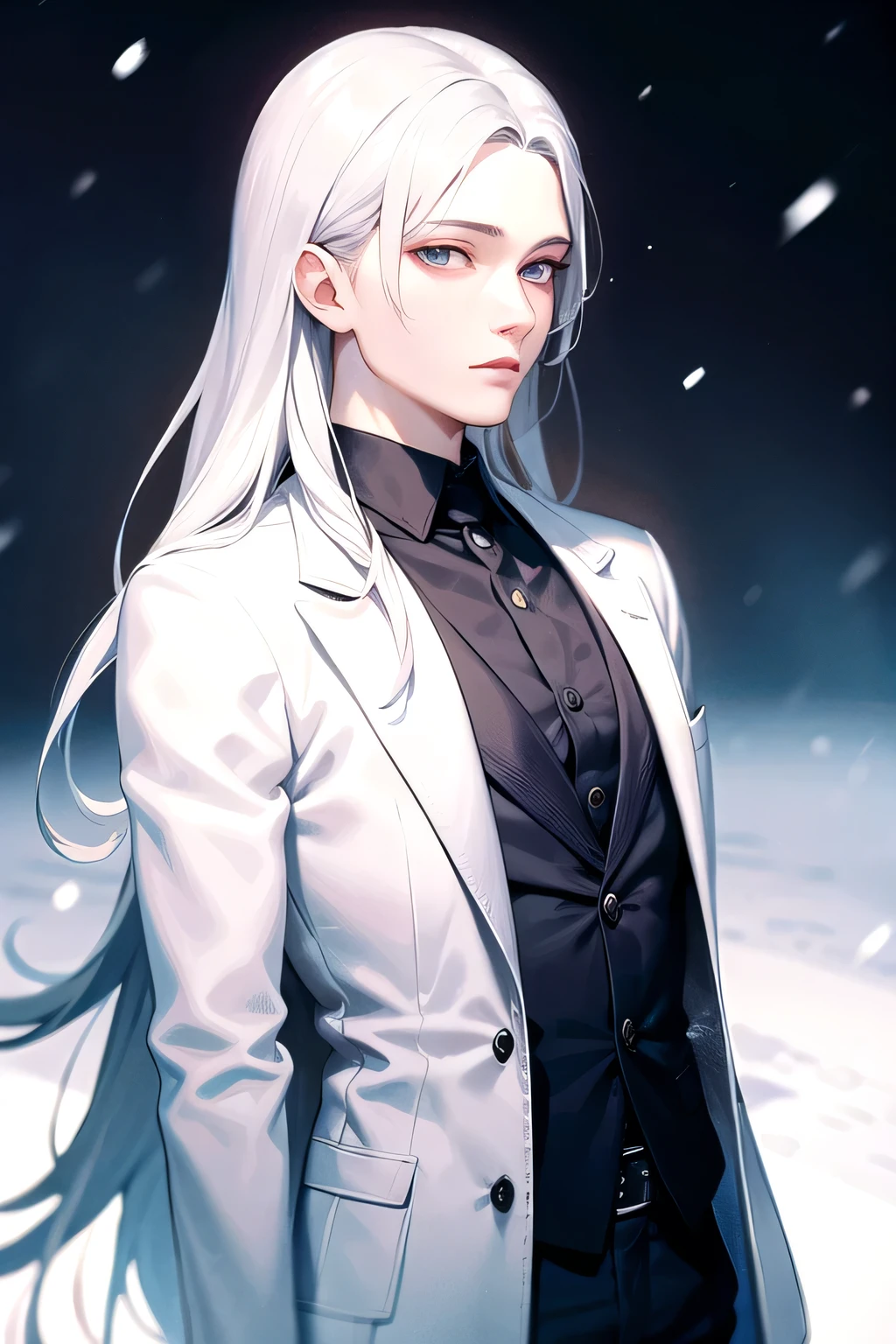 ((best quality)), ((masterpiece)), (detailed), perfect face, detailed eyes, a handsome young man with long white hair and blue eyes, wearing an elegant suit, standing alone in the snow, ethereal male, delicate features, fantasy, winter wonderland
