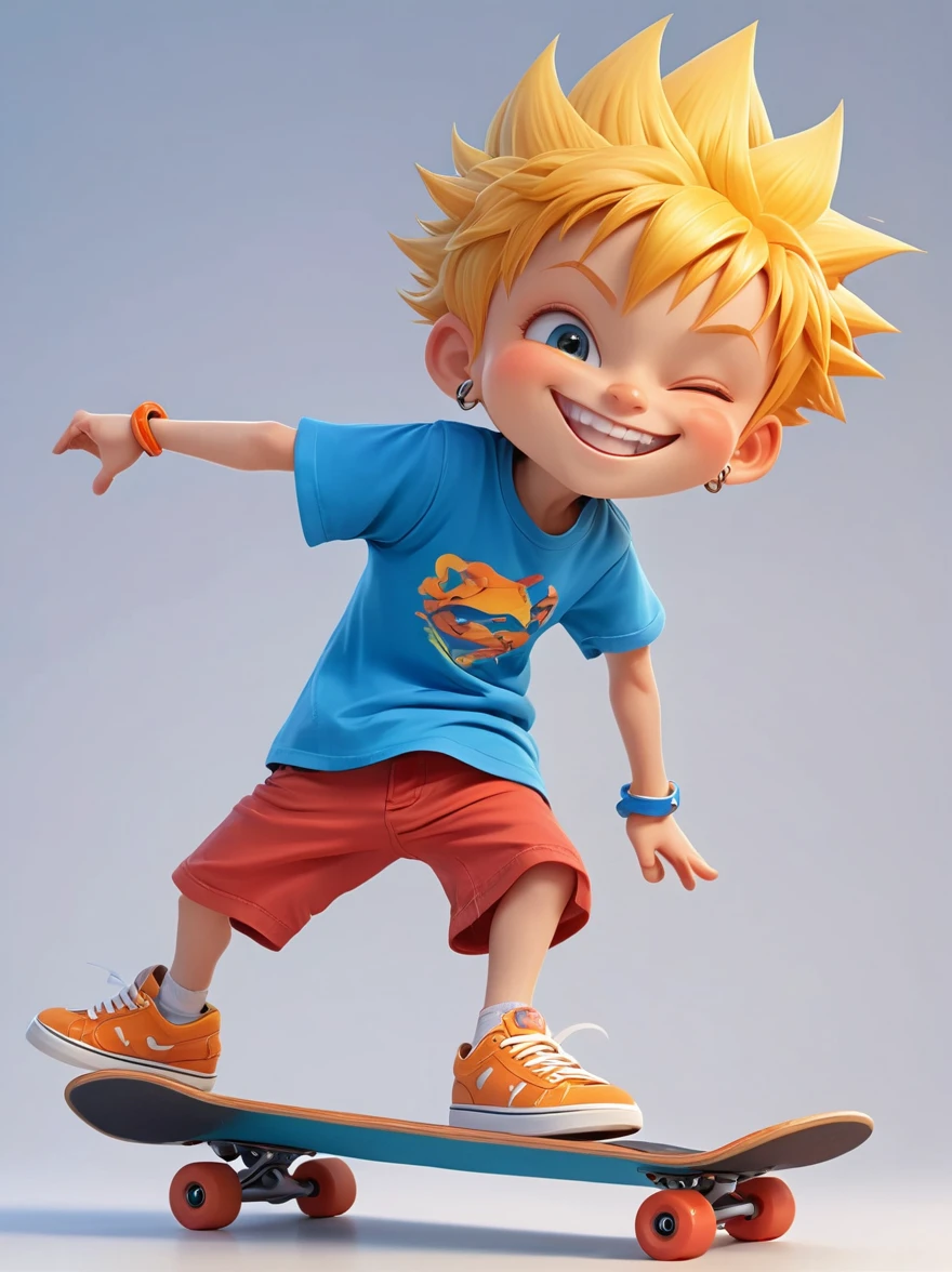 A cartoon character, best described as a playful young boy with spiky yellow hair, wearing an orange t-shirt, blue shorts, and red shoes. He possesses a mischievous grin that often accompanies the troubles he ignites in his unnamed town. He's known for his skateboarding skills and a nonchalant attitude，3D Rendering，Solid color background，chibi anime，Surrealism, Cartoon Style, full-body shot, Super Detail, Anatomically correct, masterpiece, precise