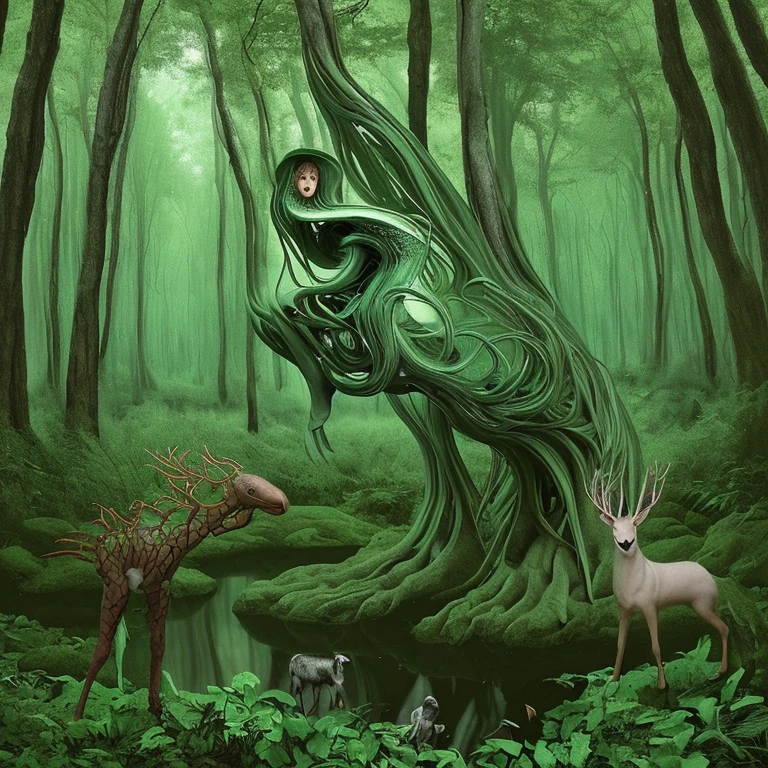 The overall style of the picture is surrealism，The picture is interesting，There are other creatures in a forest