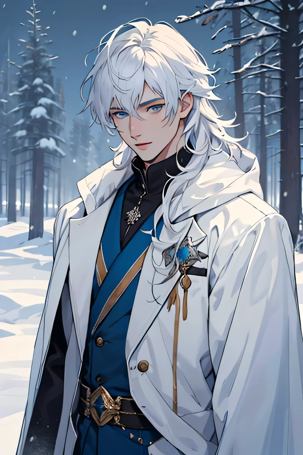((best quality)), ((masterpiece)), (detailed), perfect face, beautiful detailed eyes, a handsome young man with long white hair and blue eyes, wearing an elegant white suit, standing alone in the snow, male, fantasy, winter wonderland, royalty, prince