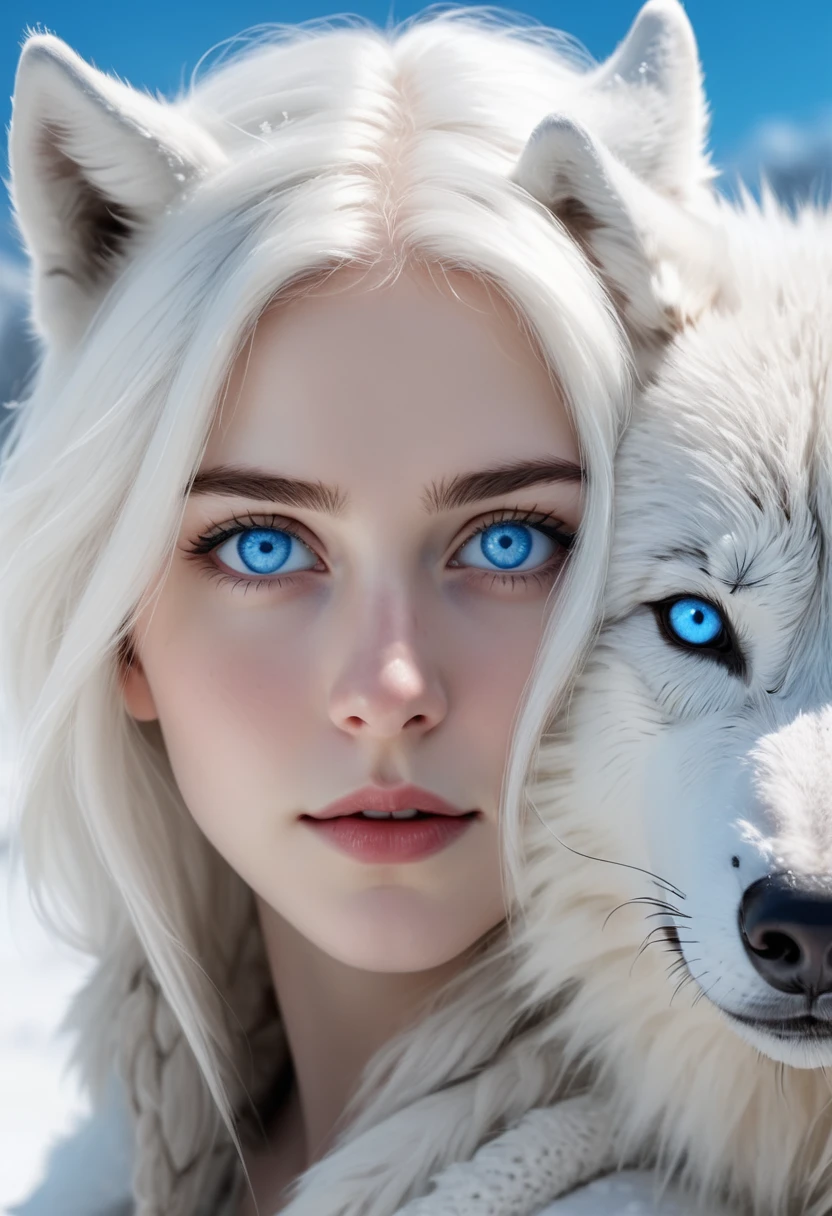 girl with white hair and bright blue eyes looking at viewer, white wolf with bright blue eyes, snowy landscape, close up, 8k, uhd, masterpiece,