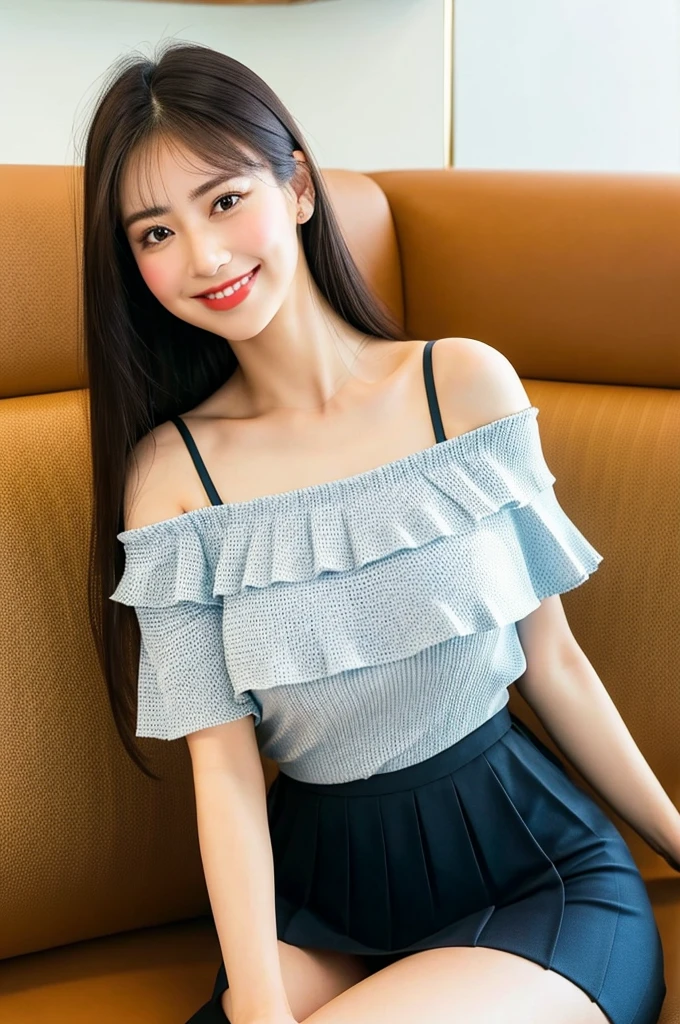 ,(tareme:1.4),kind eyes,huge breasts,(thick thighs),(beautiful japanese woman),pointy nose,straight hair,look at viewer,off-the-shoulder blouse,pleated skirt,shiny skin,sitting on sofa at cafe,24 years old,tender smile,sexy laced undies,(spreading thighs),no make-up,(skirt lifted:1.1),close up,