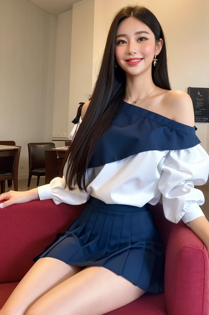 ,(tareme:1.4),kind eyes,huge breasts,(thick thighs),(beautiful japanese woman),pointy nose,straight hair,look at viewer,off-the-shoulder blouse,pleated skirt,shiny skin,sitting on sofa at cafe,24 years old,tender smile,sexy laced undies,(spreading thighs),no make-up,(skirt lifted:1.1),close up,