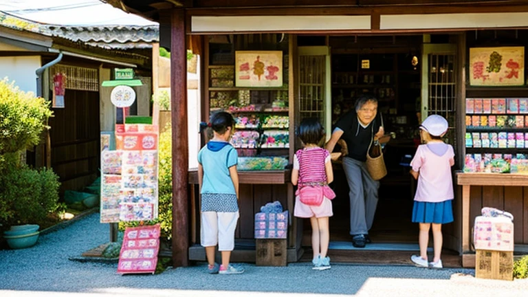 Children and an old woman shopping at a small candy store in the countryside、A small sweet shop in the Japanese countryside、