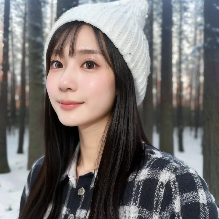 (kawaii 24 year-old Japanese girl, Nogizaka idol, Korean idol), (glossy black hair, short bob, even and symmetric hair design:1.3), (deep black eyes, rounded face, single eyelid, no makeup, soft smiling:1.2), (wearing longsleeved flannel shirt, knitted beanie:1.3), (extra small breasts:0.9), (looking at camera:1.2), BREAK, (snowy winter forest background:1.3), (upper body shot, profile, view from below:1.3), BREAK, (masterpiece, best quality, photo realistic, official art:1.4), (UHD, 8K quality wallpaper, high resolution, raw photo, golden ratio:1.3), (shiny skin), professional lighting, physically based rendering, award winning, (highly detailed skin, extremely detailed face and eyes), Carl Zeiss 85 mm F/1.4, depth of field, 1girl, solo,
