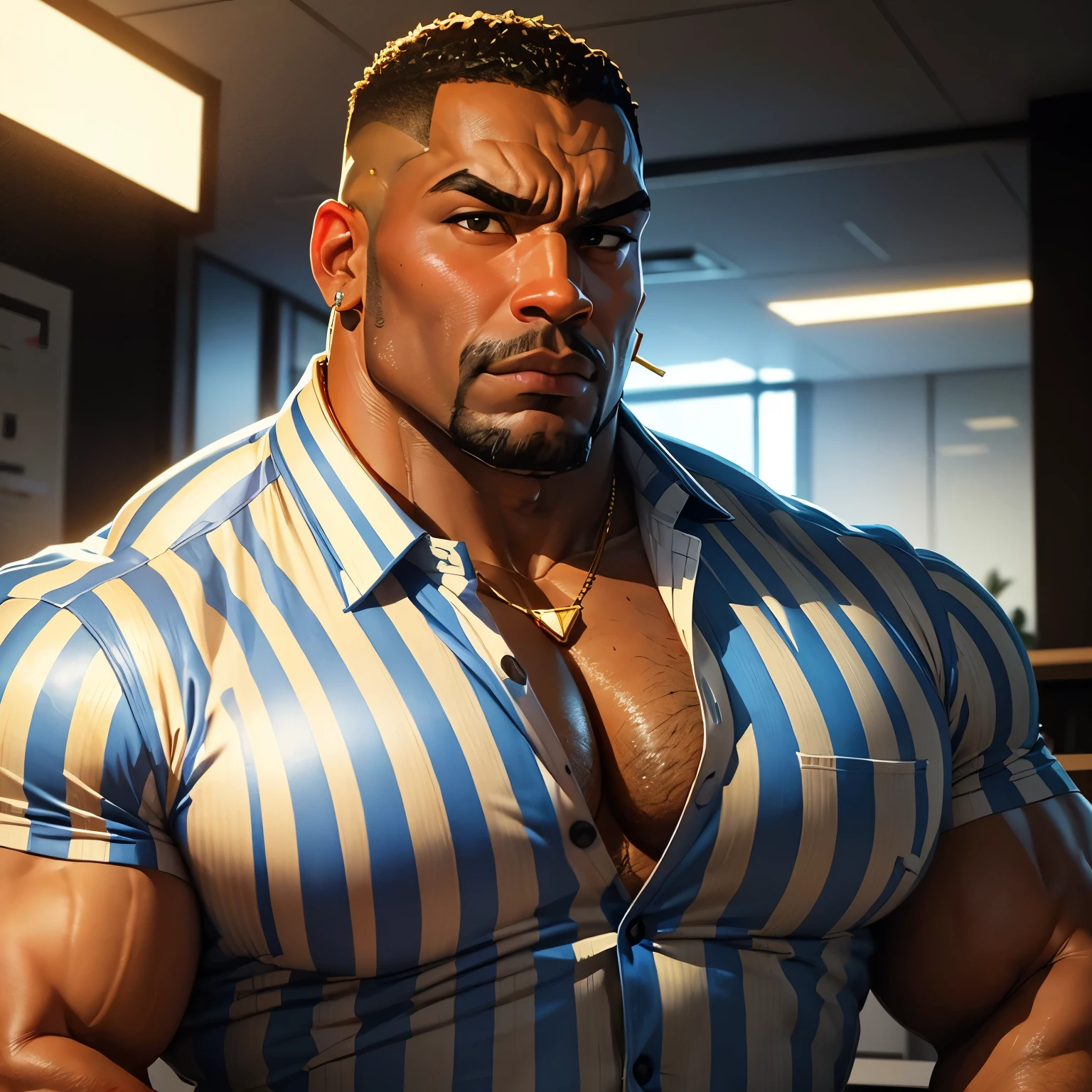 an exaggeratedly muscular and large bodyguard, beefy build, hefty, goatee, dark-skinned african american male, buzzcut hair with square line, (suspicious expression: 1.2), (wearing pin-striped casual business shirt: 1.2), small company badge on shirt, (bara pecs: 1.3), beefy pecs, gold earrings, small gold necklace, arm tattoo, (arm and chest hair: 1.1), portrait HD, (fluorescent bright business office with large windows)