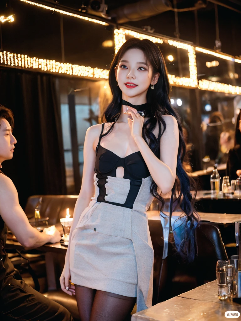 (Nsfw : 1.4), One woman surrounded by two men, delicate,masterpiece,beautiful details,very colorful,exquisite details,delicate 입술, the details are complicated,natural D cup breasts,(Low nose bridge and nostrils : 1.2), one woman,(Beautiful 20 year old cute Korean woman:1.2),(50mm sigma f /1.4 Zeiss lenses, f1.4, 1/800s, ISO 100, picture:1.1), (black short wavy hair:1.2), (realistic:1.4), (spy:1.2), Transparent pantyhose under a skirt, (wireless dress, christian dior\(trademark\),:1.4), earring,choker necklace,bracelet,(karaoke room,room karaoke:1.1),Dark interior, Psych Lighting, (beautifulleg,(high heel : 1.3),thin,slim_leg,femur_gap,Model:1.2),lens flare,seen from the front, (beautiful smile : 0.5) , entertainment bar, couple dance, holding the microphone and singing, leather sofa(to put on make up : 1.2), complete anatomy, 8 heads tall, Physical contact, (dynamic pose : 1.1)