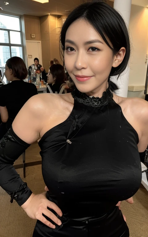 Stunning proportions, smile, Realistic, beautiful girl, Skin-tight bodysuit, black eye, Black Hair、Intricate details, Big Breasts, Zero Suit, Shiny skin