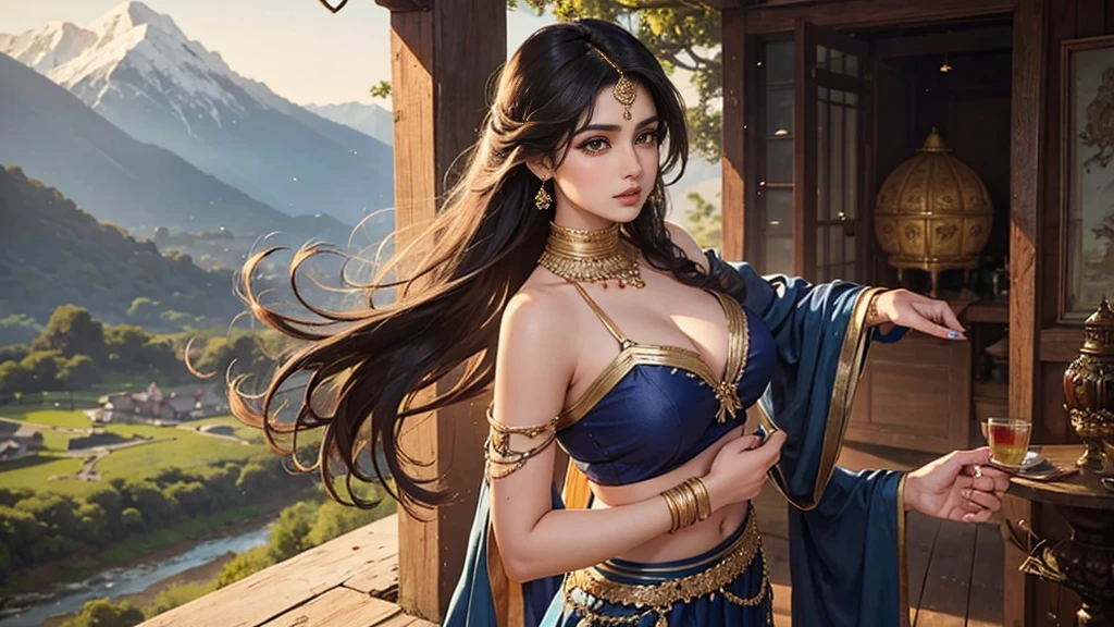 Rhea Chakraborty plays a beautiful 18-year-old woman, She is wearing a gorgeous navy blue ghagra and long blouse, Eye mascara, eye shadow, Long eyelashes, Gold Jewelry , Large Breasts, Stand in the mountains , Upper Body, Front view, Big Plans, Pubic hair is visible and she's holding my hand having sex (I am an 18 year old Pakistani boy)