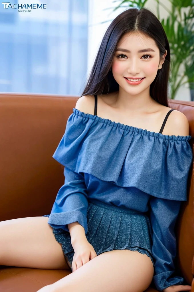 ,(tareme:1.4),kind eyes,huge breasts,(thick thighs),(beautiful japanese woman),pointy nose,straight hair,look at viewer,off-the-shoulder blouse,pleated skirt,shiny skin,sitting on sofa at cafe,24 years old,tender smile,sexy laced undies,(spreading legs:1.1),no make-up,(upskirt),close up,