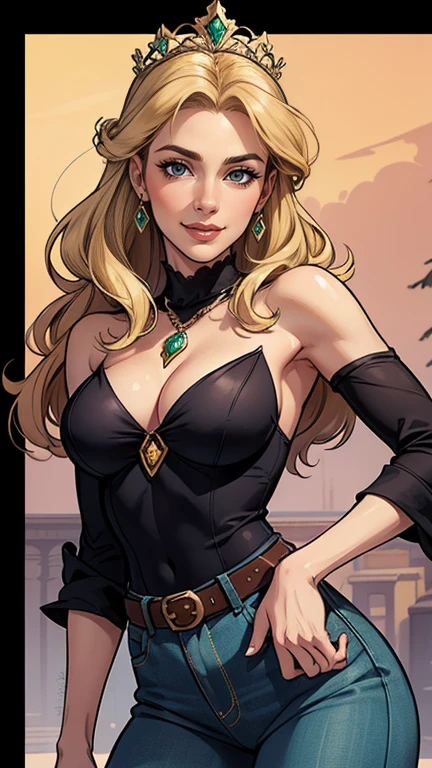 mulher de 35 anos, very long blonde hair down to the waist and half curly with bangs, seios pequenos, olhos grandes com um brilho apaixonado, olhos verdes mel, Um lindo sorriso, wearing a long black t-shirt with a green feminine suit and jeans, in a serious and sweet comic-style pose, alta qualidadePersonagem mulher estilo atompunk Fiona rainha Anna de Arendelle com marcas de guerras Imagem de desenho animado de uma mulher .Ilustra??o estilo desenho animado, estilo de arte dos desenhos animados, estilo de arte dos desenhos animados, digital illustration style, estilo atompunk design de personagens altamente detalhado, arte digital detalhada coragem, Forest fan art, Design de personagens de retrato, beautiful digital illustration, retrato de alta qualidade, Arte em quadrinhos, mulher jovem cabelo com transas lindas . Queen Anna of ArendelleBeautiful lined eyes Medium large bust and wonderful sexy clothes. image expression of sexual desire from waist to head illustration Queen Anne of Arendelle atompunk style Fallout 4 style pose playboy magazine sensual witch Character cartoon style facial expression happy beautiful smile and six medium small portrait mode waist up with lots of gold around her other stones precious portrait mode waist up queen of the south Jennifer Connelly GTA scenery dominatrix gold coins chest with jewelry with her boyfriend, um homem com barba preta, armado com um estilo militar,