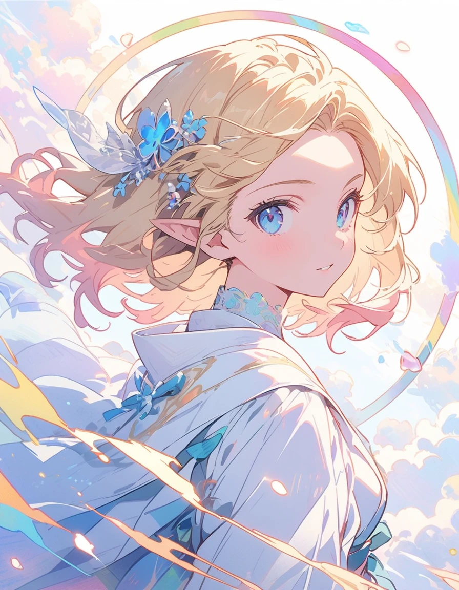logo mark of elf girl side face, blue eyes, long blonde, circle frame ivy, art nouveau, text "pink girl"、(highest quality、masterpiece、High resolution、detailed)、animeスタイル、Flat Style、(eyes shining iridescent colors illuminated light,detailed美しい顔), BREAK,Dynamic Angle、extremely detailed、anime