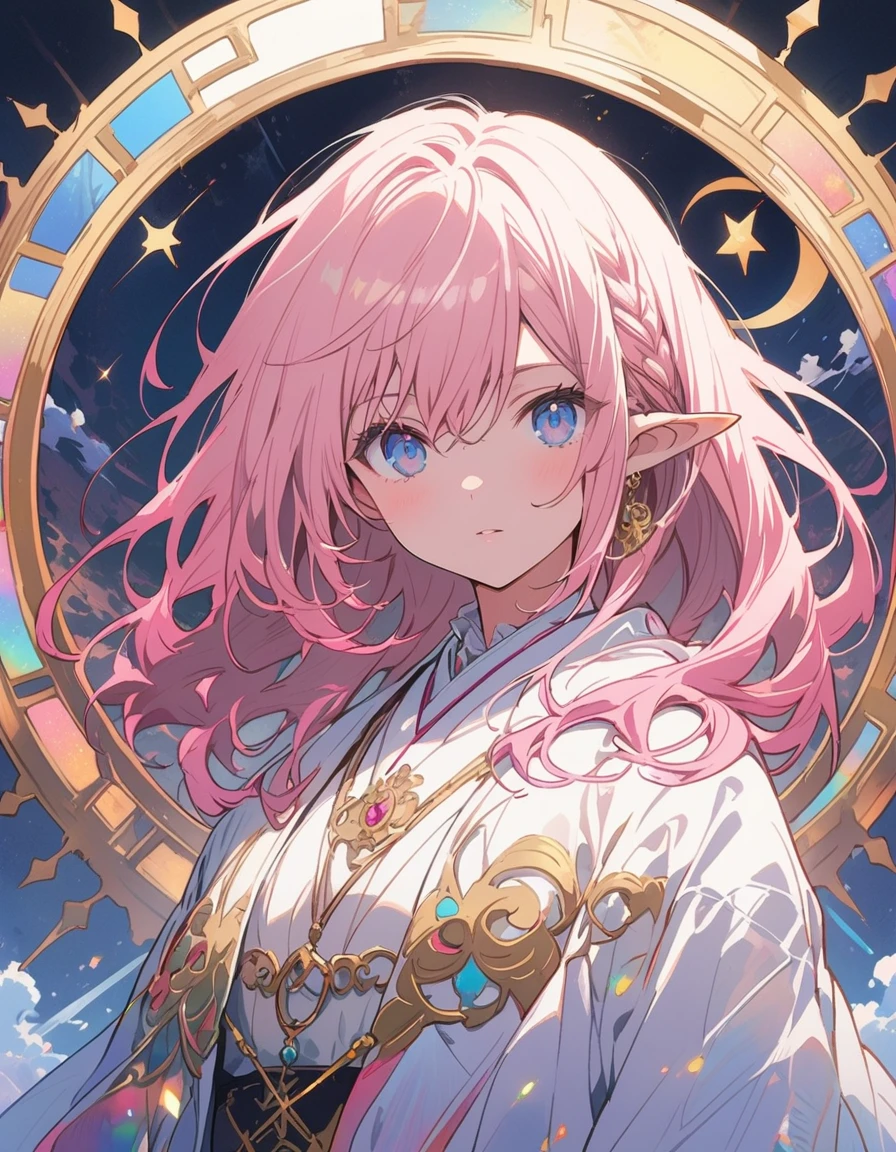 logo mark of elf girl side face, blue eyes, long blonde, circle frame ivy, art nouveau, text "pink girl"、(highest quality、masterpiece、High resolution、detailed)、animeスタイル、Flat Style、(eyes shining iridescent colors illuminated light,detailed美しい顔),  BREAK,Dynamic Angle、extremely detailed、anime