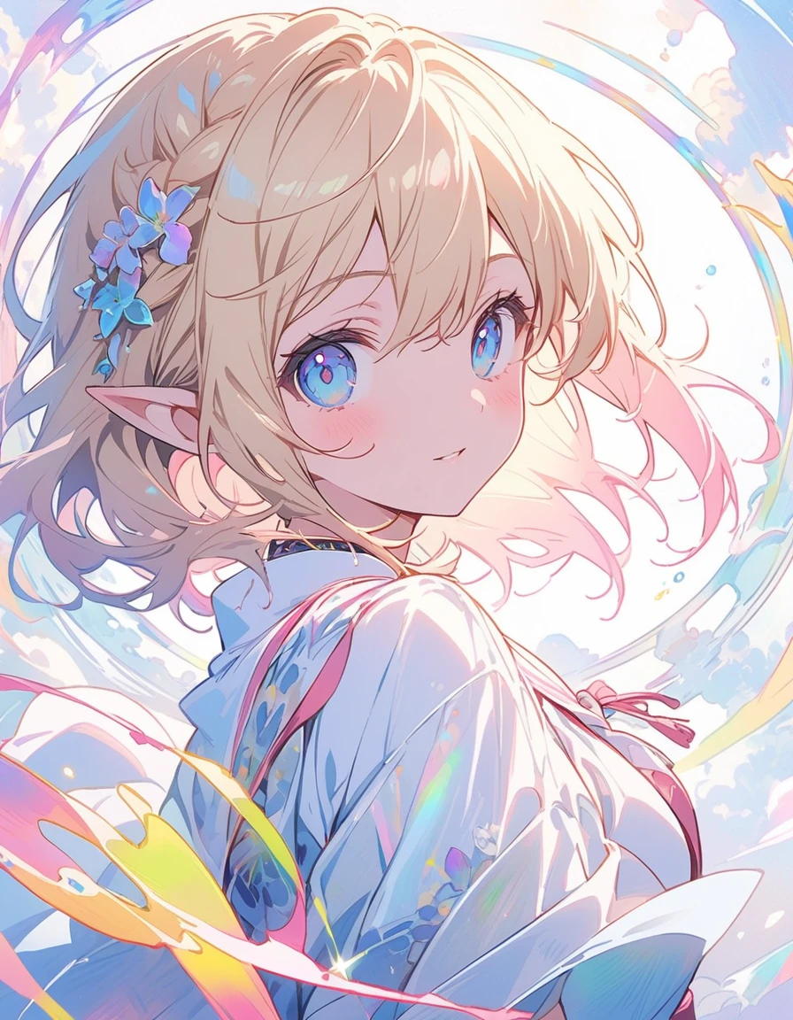 logo mark of elf girl side face, blue eyes, long blonde, circle frame ivy, art nouveau, text "pink girl"、(highest quality、masterpiece、High resolution、detailed)、animeスタイル、Flat Style、(eyes shining iridescent colors illuminated light,detailed美しい顔),  BREAK,Dynamic Angle、extremely detailed、anime