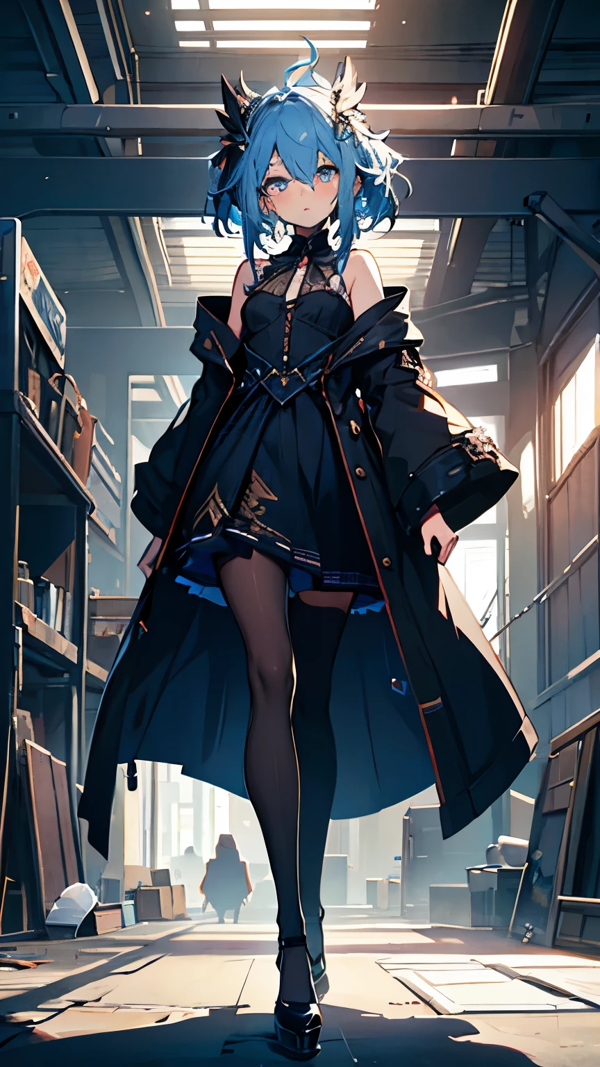 (QUALITY:0)
8k, 8k wallpaper, (an extremely delicate and beautiful:1.1), (beautiful detailed eyes:1.3), (best illustration:1.1), (best quality:1.3), (best shadow:1.1), (cinematic lighting:1.2), detailed eyes, (detailed_light:1.1), (dreamy:1.1), (extremely detailed CG unity 8k wallpaper:1.1), highres, (masterpiece:1.3), official_art, ray tracing, (stylized:1.3), trending on artstation, (ultra_detailed:1.2)
(STYLE & COMPOSITION:0)
1girl, (from_below, full_body:1.4), solo
(POSE & EXPRESSION:0)
blush, head_tilt, legs_apart, lips_apart, looking_at_viewer, standing, unamused
(CHARACTER:0)
Blue_eyes, blue_hair, blue_half-up, (dualtone_hair,blue_outer, black_inner) , argyle_pantyhose, black_pantyhose, bare_shoulders, black_shirt, black_skirt, breasts_apart, blouse, white_blouse, fluffy_blouse, black_robe, ornate_robe, robe, collarbone, high_heels, high-waist_skirt, lips, long_sleeves, makeup, (messy_hair:1.2), plaid_skirt, shiny_hair, shrug_\(clothing\), (small_breasts:1.3), very_long_hair
(BACKGROUND:0)
(TEXTUAL INVERSION:0)