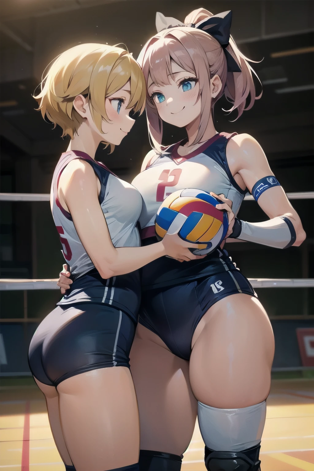 unity 8k wallpaper, anatomically correct, (((masterpiece))), (((best quality))), (((ultra detailed))), (((high-resolution))), ((super fine illustration)), ((Ultimate cutie)), detailed beautiful face, shiny hair, 18 years old,((blush)), ((potbelly)), (curvy), medium breasts, ((Thick thighs)), sleeveless volleyball uniform, ((buruma)), ((knee pad)), (elbow pad), ((hold volleyball)), ((hold a 6-inch volleyball)), cowboy shot, in volleyball court, in school gymnasium,
BREAK, (Yuri), 2girls_A_and_B, A girl_have_{{blond ponytail}}_{hair bow}_{{happy}}_{smile},
BREAK, B girl_have_{black short hair}_ {hair bow}_{{{smirk}}}