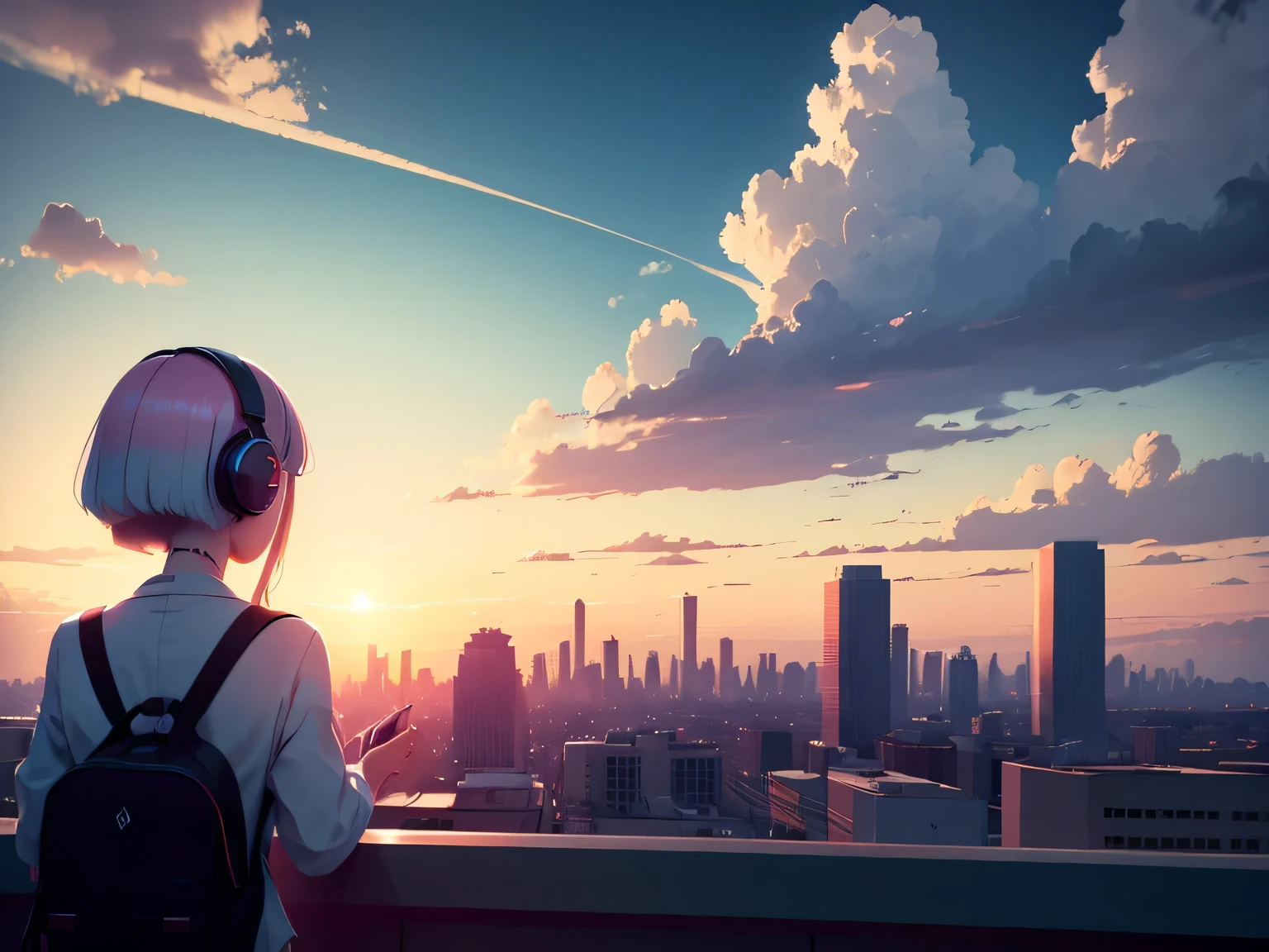 Vast Sky、Back view of a girl listening to music, Using headphones, Anime-style 2D, Lo-Fi, High resolution,