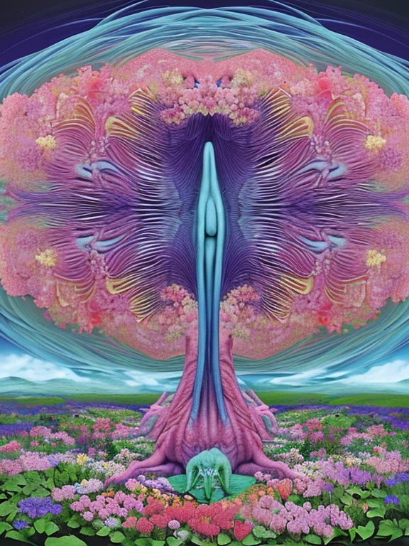 The creature in the middle of the picture,Surrounded by large flowers,The composition is colorful,interesting,Surrealism,Abstract Art