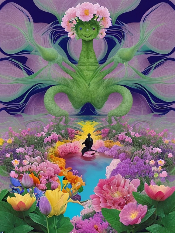 The creature in the middle of the picture,Surrounded by large flowers,The composition is colorful,interesting,Surrealism,Abstract Art