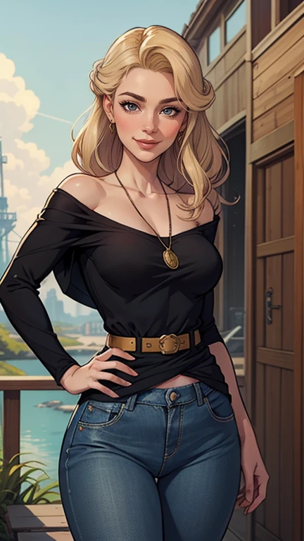 mulher de 35 anos, very long blonde hair down to the waist and half curly with bangs, seios pequenos, olhos grandes com um brilho apaixonado, olhos verdes mel, Um lindo sorriso, wearing a long black t-shirt with a green feminine suit and jeans, in a serious and sweet comic-style pose, alta qualidadePersonagem mulher estilo atompunk Fiona rainha Anna de Arendelle com marcas de guerras Imagem de desenho animado de uma mulher .Ilustra??o estilo desenho animado, estilo de arte dos desenhos animados, estilo de arte dos desenhos animados, digital illustration style, estilo atompunk design de personagens altamente detalhado, arte digital detalhada coragem, Forest fan art, Design de personagens de retrato, beautiful digital illustration, retrato de alta qualidade, Arte em quadrinhos, mulher jovem cabelo com transas lindas . Queen Anna of ArendelleBeautiful lined eyes Medium large bust and wonderful sexy clothes. image expression of sexual desire from waist to head illustration Queen Anne of Arendelle atompunk style Fallout 4 style pose playboy magazine sensual witch Character cartoon style facial expression happy beautiful smile and six medium small portrait mode waist up with lots of gold around her other stones precious portrait mode waist up queen of the south Jennifer Connelly GTA scenery dominatrix gold coins chest with jewelry with her boyfriend, um homem com barba preta, armado com um estilo militar,
