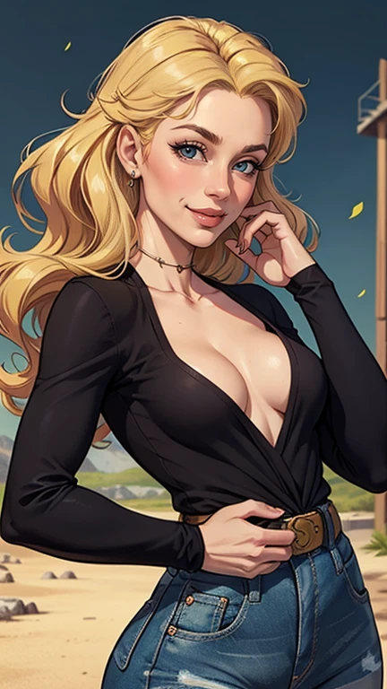 mulher de 35 anos, very long blonde hair down to the waist and half curly with bangs, seios pequenos, olhos grandes com um brilho apaixonado, olhos verdes mel, Um lindo sorriso, wearing a long black t-shirt with a green feminine suit and jeans, in a serious and sweet comic-style pose, alta qualidadePersonagem mulher estilo atompunk Fiona rainha Anna de Arendelle com marcas de guerras Imagem de desenho animado de uma mulher .Ilustra??o estilo desenho animado, estilo de arte dos desenhos animados, estilo de arte dos desenhos animados, digital illustration style, estilo atompunk design de personagens altamente detalhado, arte digital detalhada coragem, Forest fan art, Design de personagens de retrato, beautiful digital illustration, retrato de alta qualidade, Arte em quadrinhos, mulher jovem cabelo com transas lindas . Queen Anna of ArendelleBeautiful lined eyes Medium large bust and wonderful sexy clothes. image expression of sexual desire from waist to head illustration Queen Anne of Arendelle atompunk style Fallout 4 style pose playboy magazine sensual witch Character cartoon style facial expression happy beautiful smile and six medium small portrait mode waist up with lots of gold around her other stones precious portrait mode waist up queen of the south Jennifer Connelly GTA scenery dominatrix gold coins chest with jewelry with her boyfriend, um homem com barba preta, armado com um estilo militar,