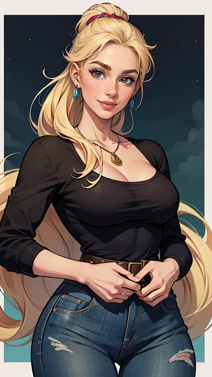 mulher de 35 anos, very long blonde hair down to the waist and half curly with bangs, seios pequenos, olhos grandes com um brilho apaixonado, olhos verdes mel, Um lindo sorriso, wearing a long black t-shirt with a green feminine suit and jeans, in a serious and sweet comic-style pose, alta qualidadePersonagem mulher estilo atompunk Fiona rainha Anna de Arendelle com marcas de guerras Imagem de desenho animado de uma mulher .Ilustra??o estilo desenho animado, estilo de arte dos desenhos animados, estilo de arte dos desenhos animados, digital illustration style, estilo atompunk design de personagens altamente detalhado, arte digital detalhada coragem, Forest fan art, Design de personagens de retrato, beautiful digital illustration, retrato de alta qualidade, Arte em quadrinhos, mulher jovem cabelo com transas lindas . Queen Anna of ArendelleBeautiful lined eyes Medium large bust and wonderful sexy clothes. image expression of sexual desire from waist to head illustration Queen Anne of Arendelle atompunk style Fallout 4 style pose playboy magazine sensual witch Character cartoon style facial expression happy beautiful smile and six medium small portrait mode waist up with lots of gold around her other stones precious portrait mode waist up queen of the south Jennifer Connelly GTA scenery dominatrix gold coins chest with jewelry with her boyfriend, um homem com barba preta, armado com um estilo militar,