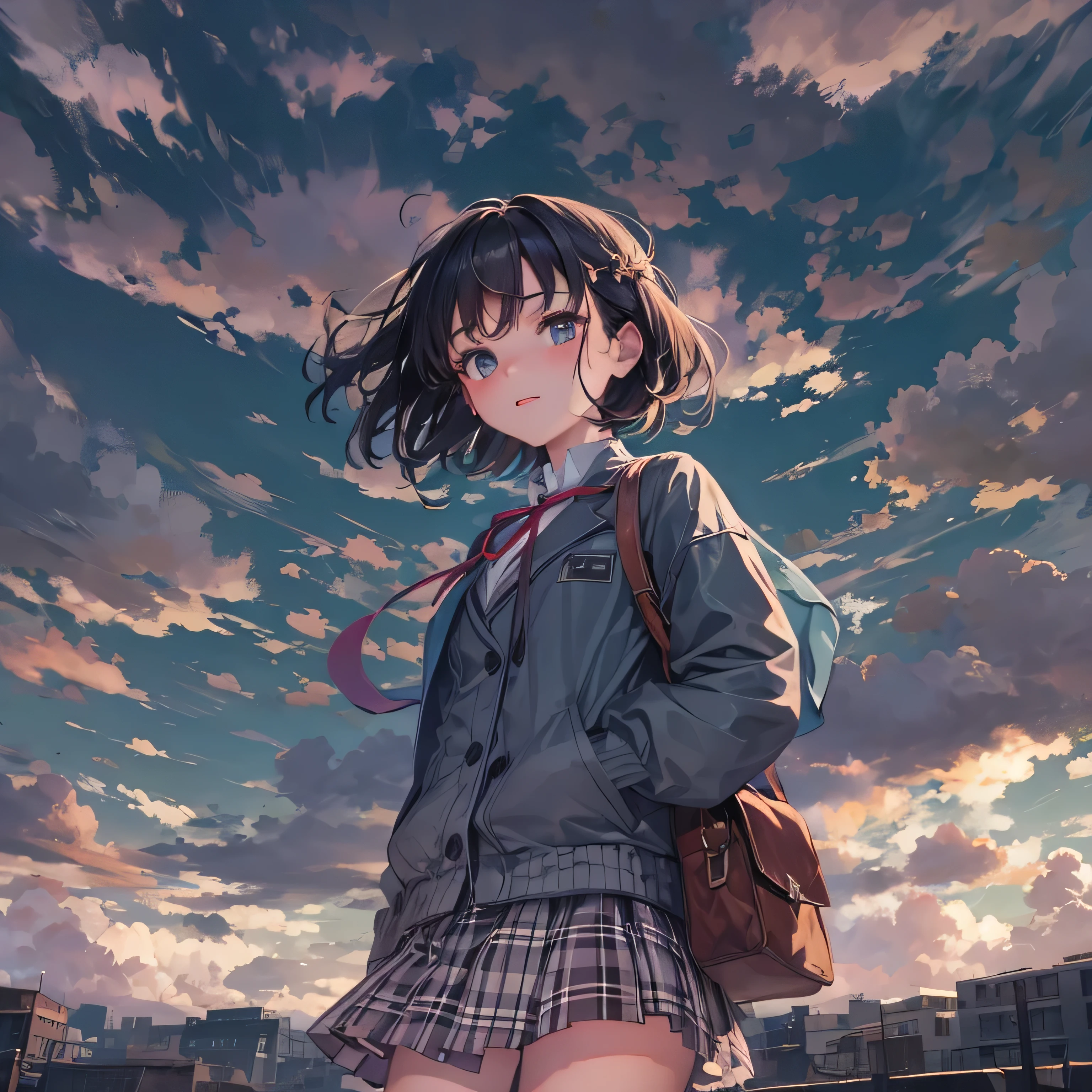 alone, girl, japanese expensiveschool girl, expensive , Jacket and checked skirt, (Being late and panicking), Beautiful sky, Detailed Clouds, Warm lighting, short hair, Shiny Hair, Dark Eyes, Beautiful face and eyes in every detail, Cinema Lighting, JPEG artifacts, Eye-level shot, Cast a Shadow, Depth of written boundary, tachi-e, Colors like Ghibli, masterpiece, retina, Accurate, highest quality, expensiveres, 8k, Very detailed